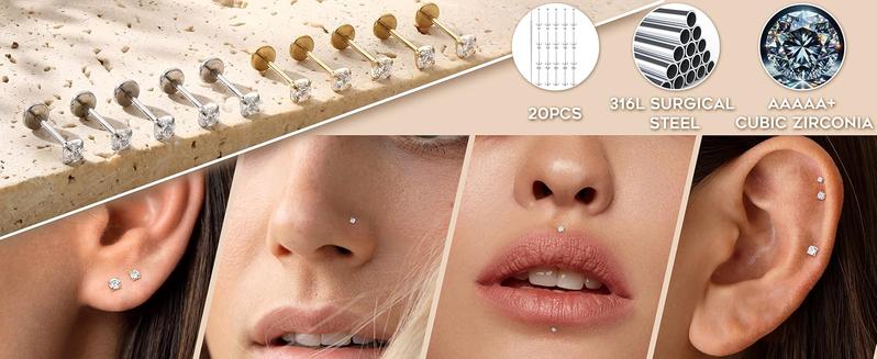 14K Gold Nose Studs For Women 316L Surgical Steel Threadless Nose Ring Lip Studs Push In Flat Back Stud Earrings Cz Nose Nostril Tragus Helix Body Piercing Jewelry Silver Gold 20G 18G
