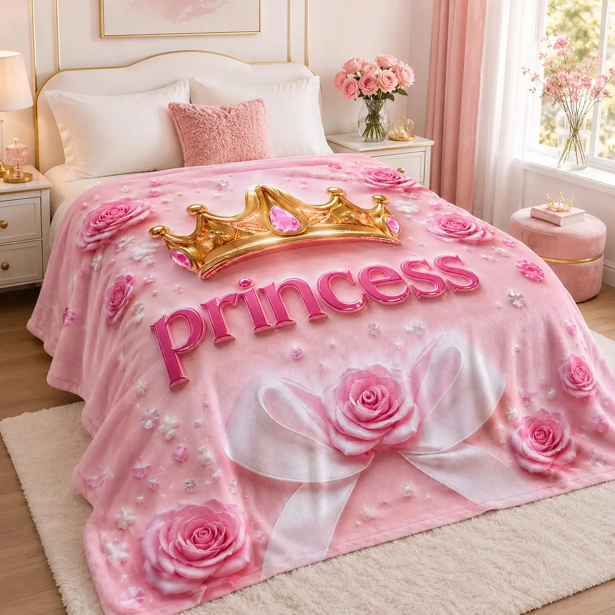 Princess Flannel Blanket, Crown Rose & Bow Print, Soft Cozy Lightweight Warm Throw for Bed Sofa Couch, Birthday Gift for Girls Teens Women