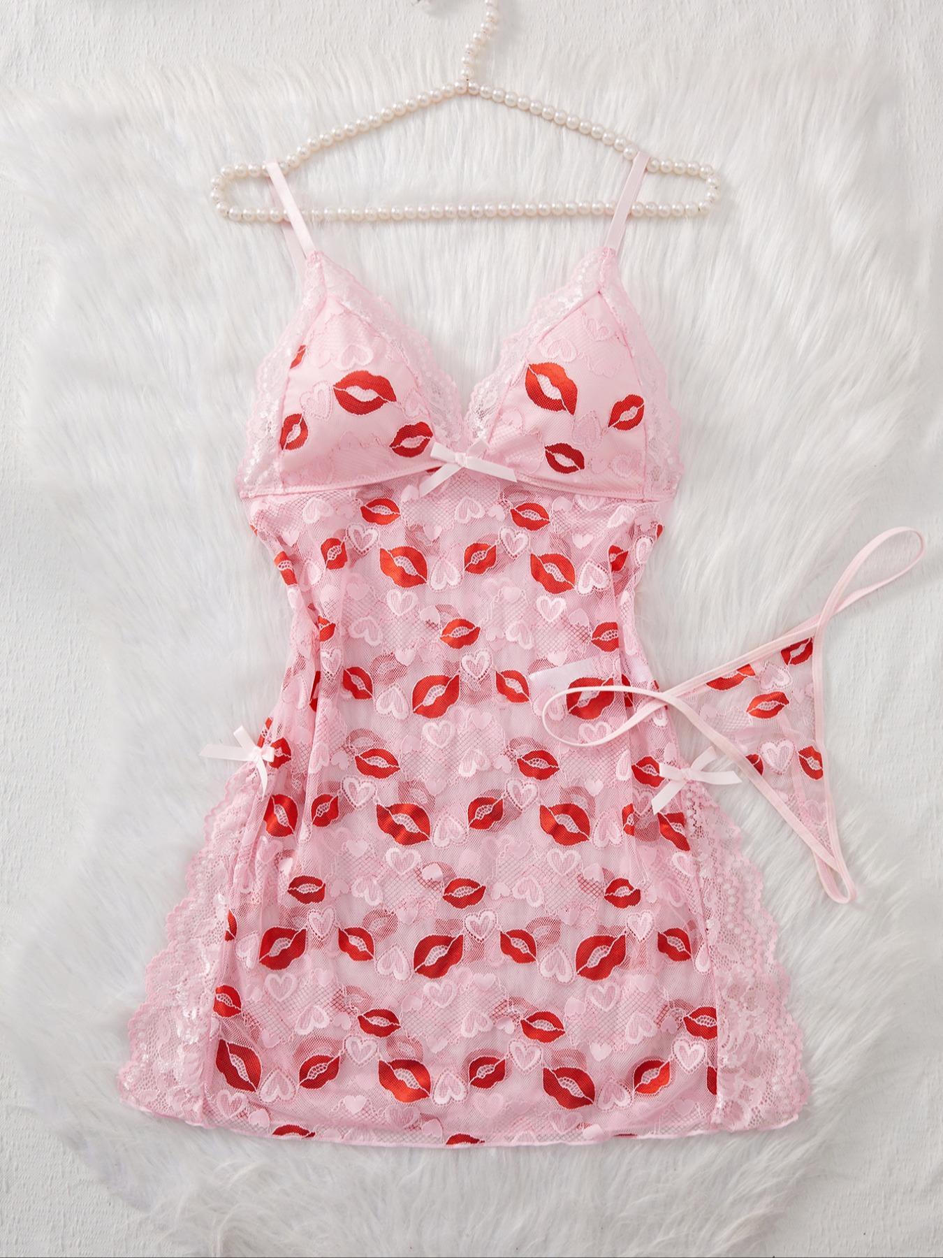 Women's Lip Print Lace Trim Cami Nightdress & Thong Sexy Lingerie Set, Comfy Breathable Nightgown & Panty Set, Women's Sleepwear & Loungewear Set, Sleeveless Nightgown