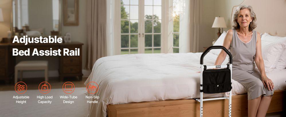 Bed Rail for Elderly, Bedside Assist Rails with Supporting Leg and PU Handrail, Adjustable Height Carbon Steel Pipe Bedside Cane, Bed Bars for Seniors & Patients, Fits King, Queen, Full, Twin