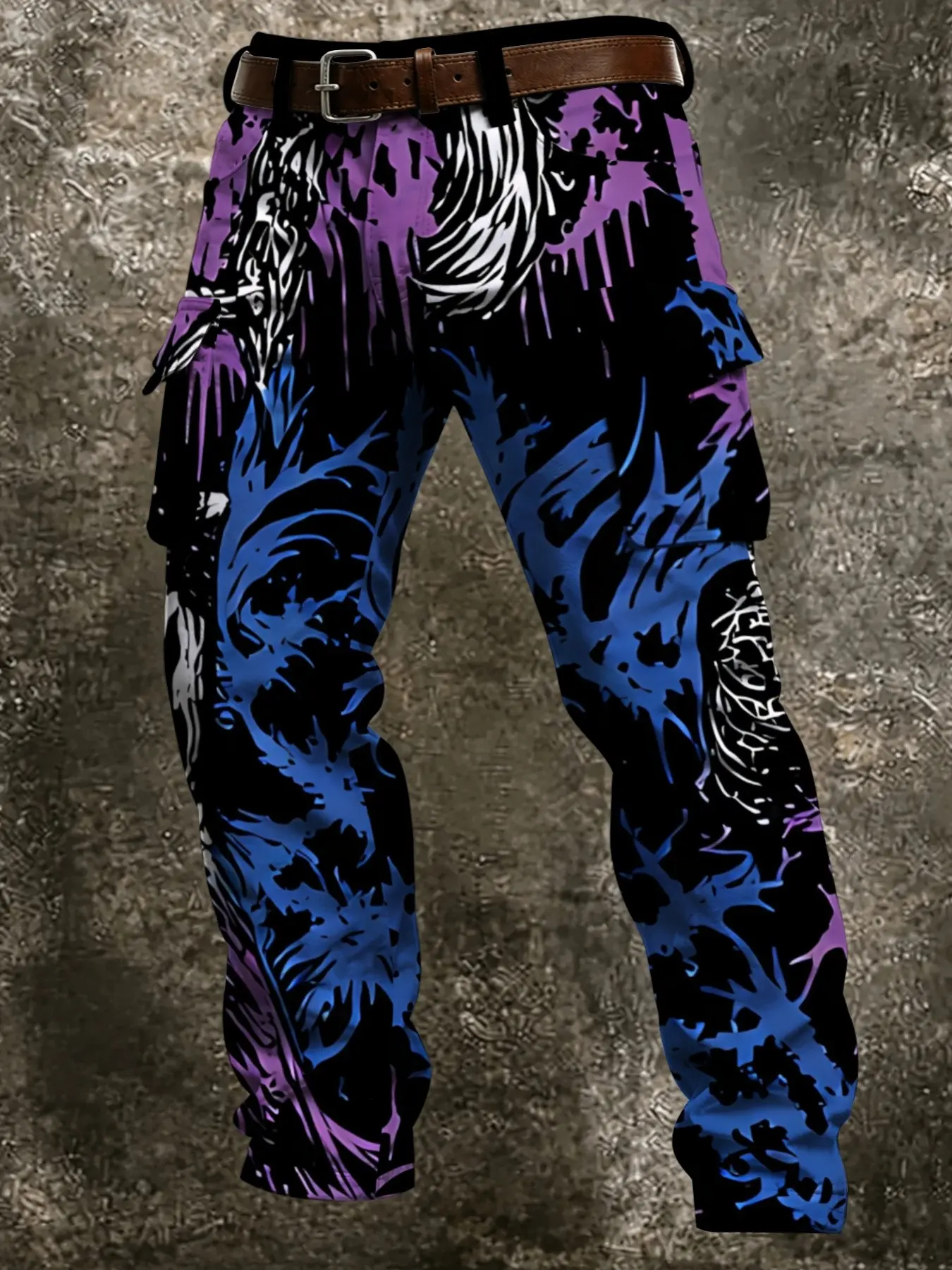Plus-size trendy purple-blue thorn graffiti cargo pants, black background with contrasting abstract vine print, multi-pocket straight leg design, American street style men's trendy outdoor casual cargo pants.