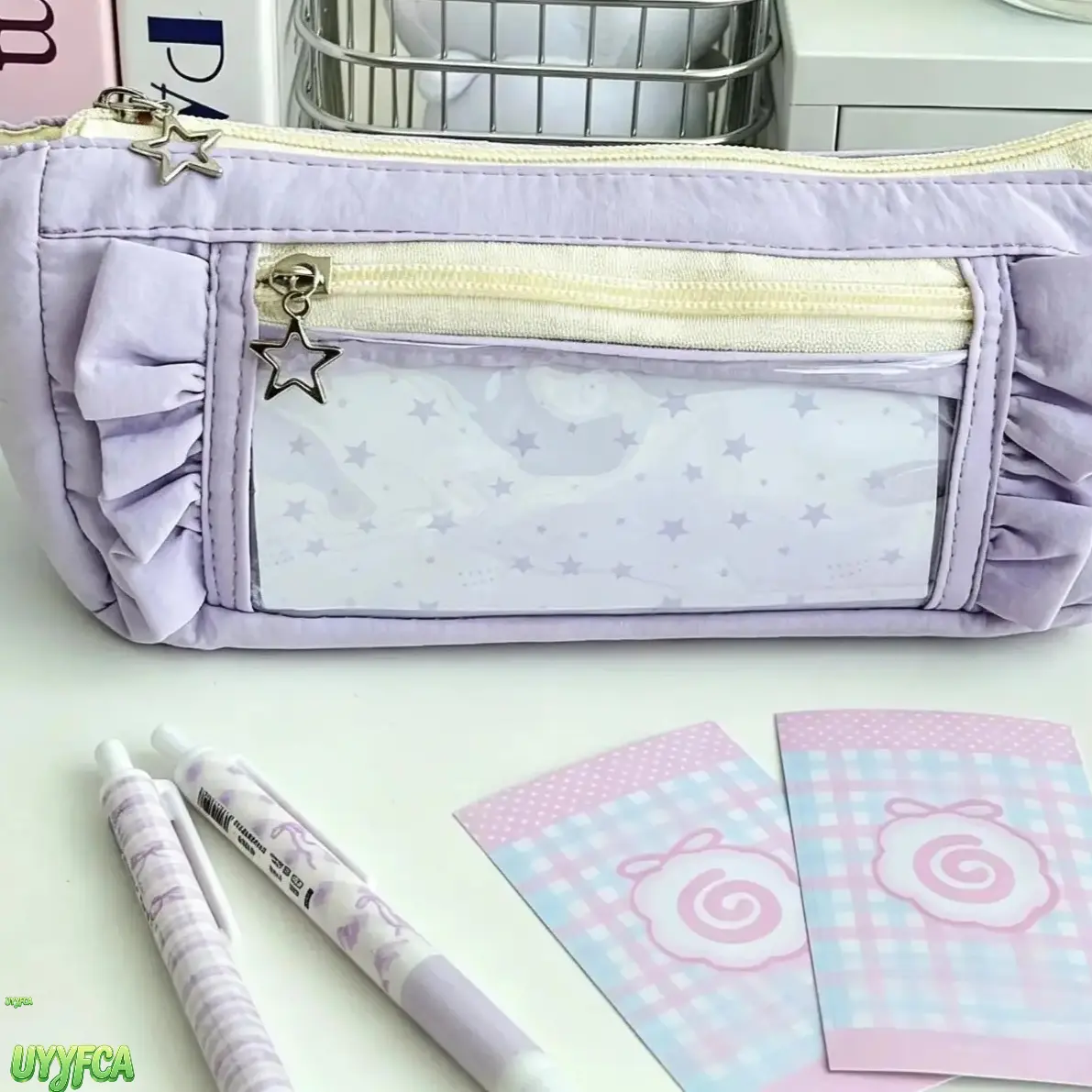 Kawaii Ruffle Trim Pencil Bag With Star Metal Zipper Charms, Double Zipper Large Capacity Stationery Pouch, Pastel Plaid Clear Window Pen Organizer, Soft Lightweight Cute Pen Case For Middle High School Students College Desk Travel Stationery Storage