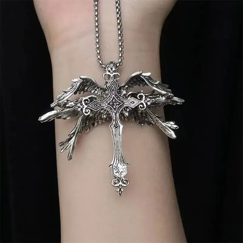 Silver Winged Cross Pendant Necklace, GothicVintage Style Jewelry with Intricate Engraved &Wing Detail, for Men & Women, Daily & StreetwearOccasions