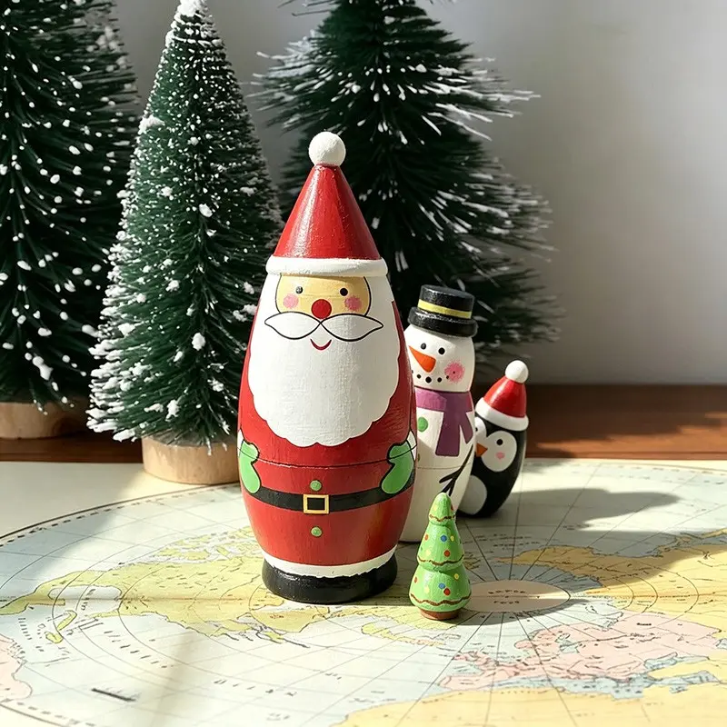 4-Piece Santa Hat Christmas Home Decor Set, Handmade Mulberry Wood Russian Nesting Dolls, Stacking Dolls, Matryoshka Dolls,Holiday Gifts, Kids Educational Toys