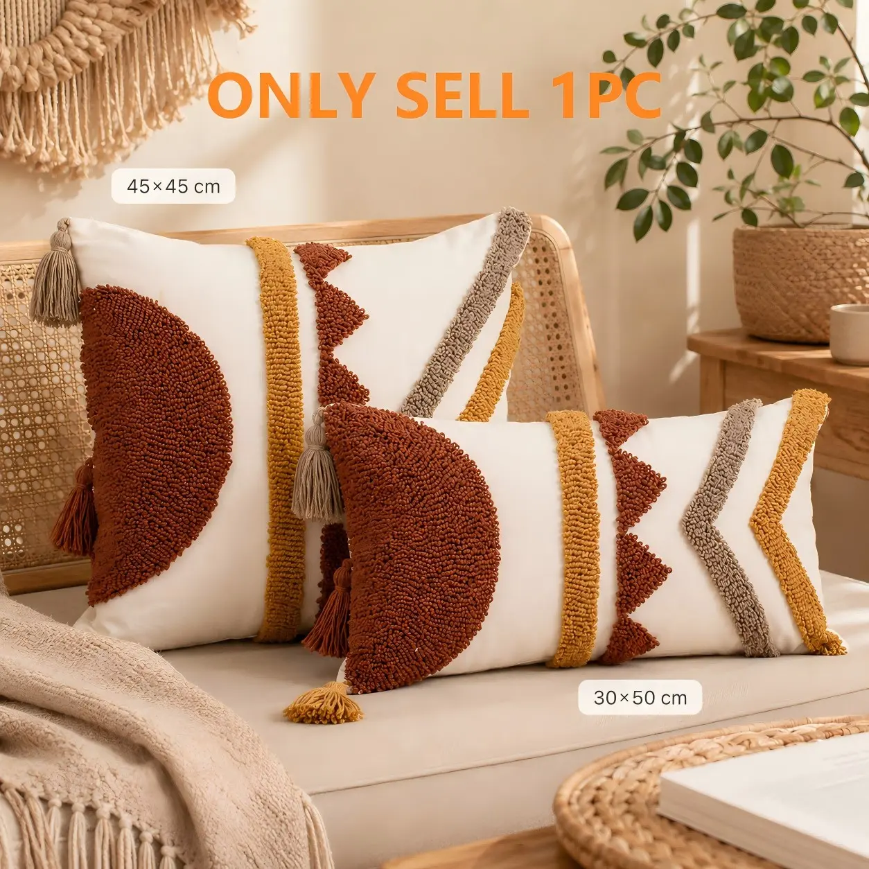 1pc/2pcs Grey&Rust Boho Tufted Tribal Cushion Cover, Southwestern Geometric Pillow Case with Tassel Corners, Hidden Zipper, Decorative Pillowcase (No Insert), Bedroom Decorative Accessories for Sofa, Bedroom, Living Room, Outdoor & Garden Decor