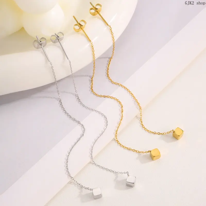 Gold‑Tone Cube Long Chain Threader Drop Earrings✨Minimalist Geometric Dangle Earrings, Slim Linear Fashion Jewelry for Women Daily Party