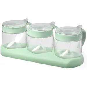 3 Pack 12oz/350ml Clear Glass Seasoning Jar Set Condiment Canisters with Lids & Spoons for Sugar Pepper Spice Storage on Kitchen Counter Green