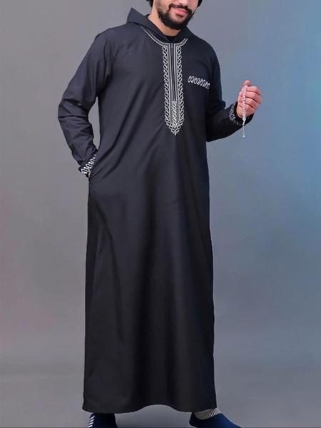 Men's Ethnic Pattern Embroidery Zipper Hooded Robe, Traditional Long Sleeve Pocket Jubba Thobe for Daily Wear, Men's Islamic Clothing for All Seasons, Traditional Arabic Robe