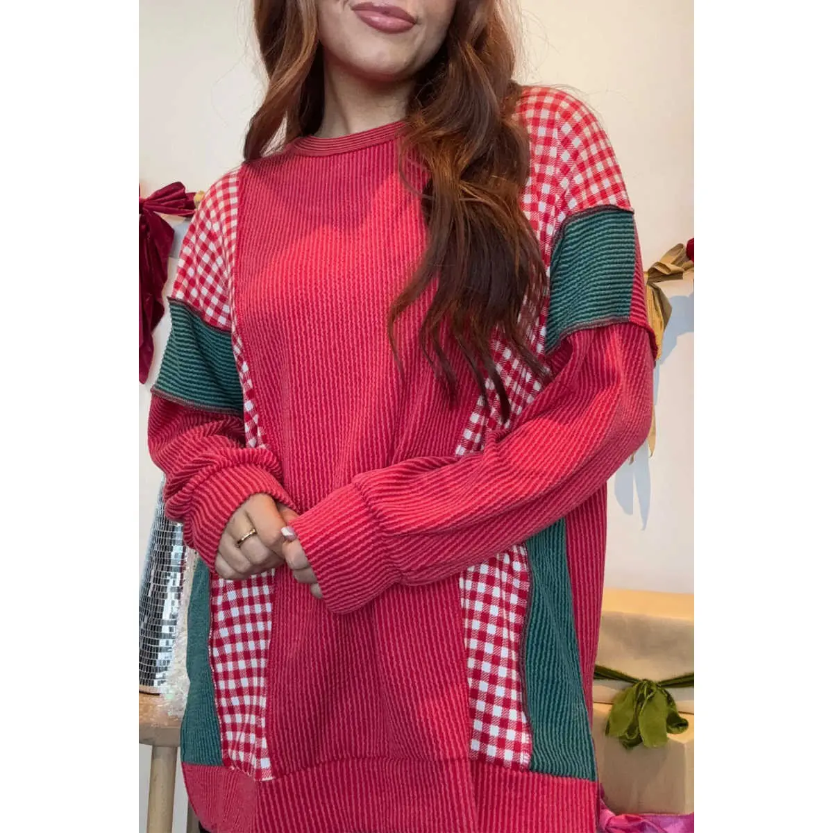 Women Christmas Red Corduroy Patchwork Sweatshirt, Red Gingham & Green Color Block Crew Neck Oversized Twist Rib Long Sleeve Holiday Casual Tunic Top
