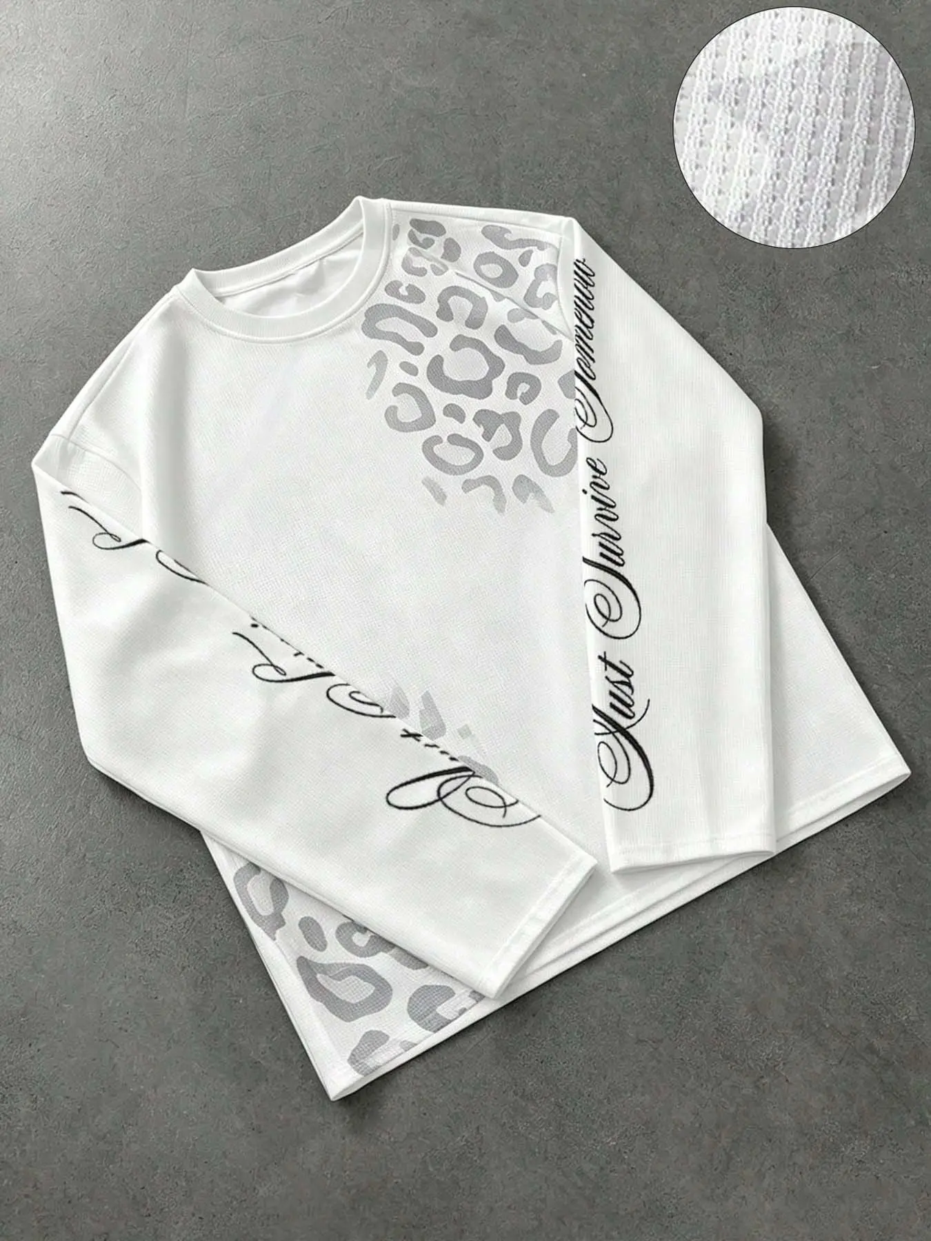 Men's white waffle knit long-sleeve crewneck top Knitwear with gray leopard print handwritten letter pattern, made of soft and breathable fabric, suitable for skateboarding, everyday street casual wear, hip-hop performances, campus, and outdoor daily wear