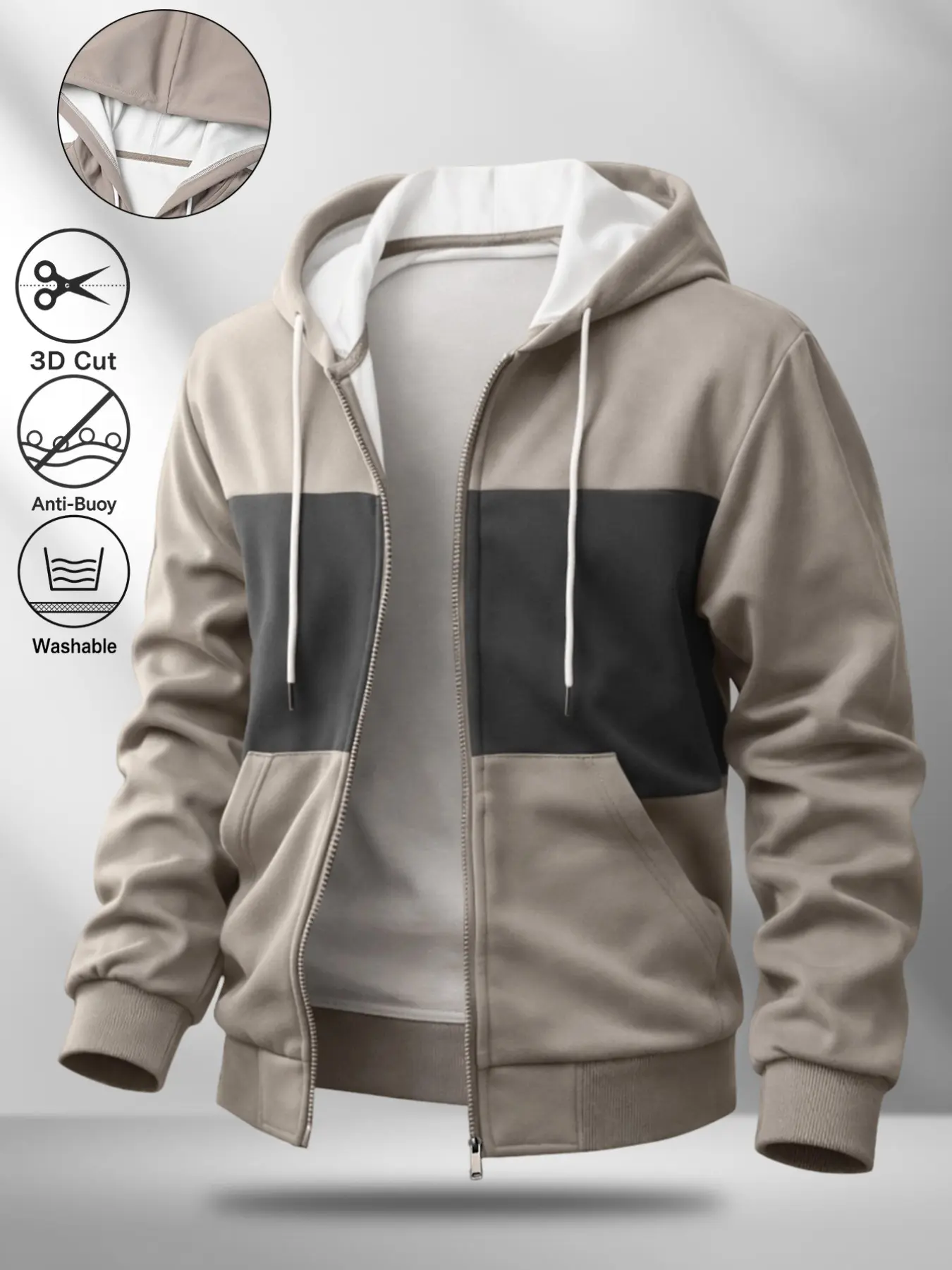 Men's Casual Zipper Knit Hoodie, Colorblock Design, Spring & Fall Fashion Polo Style, Suitable for Sports and Daily Wear