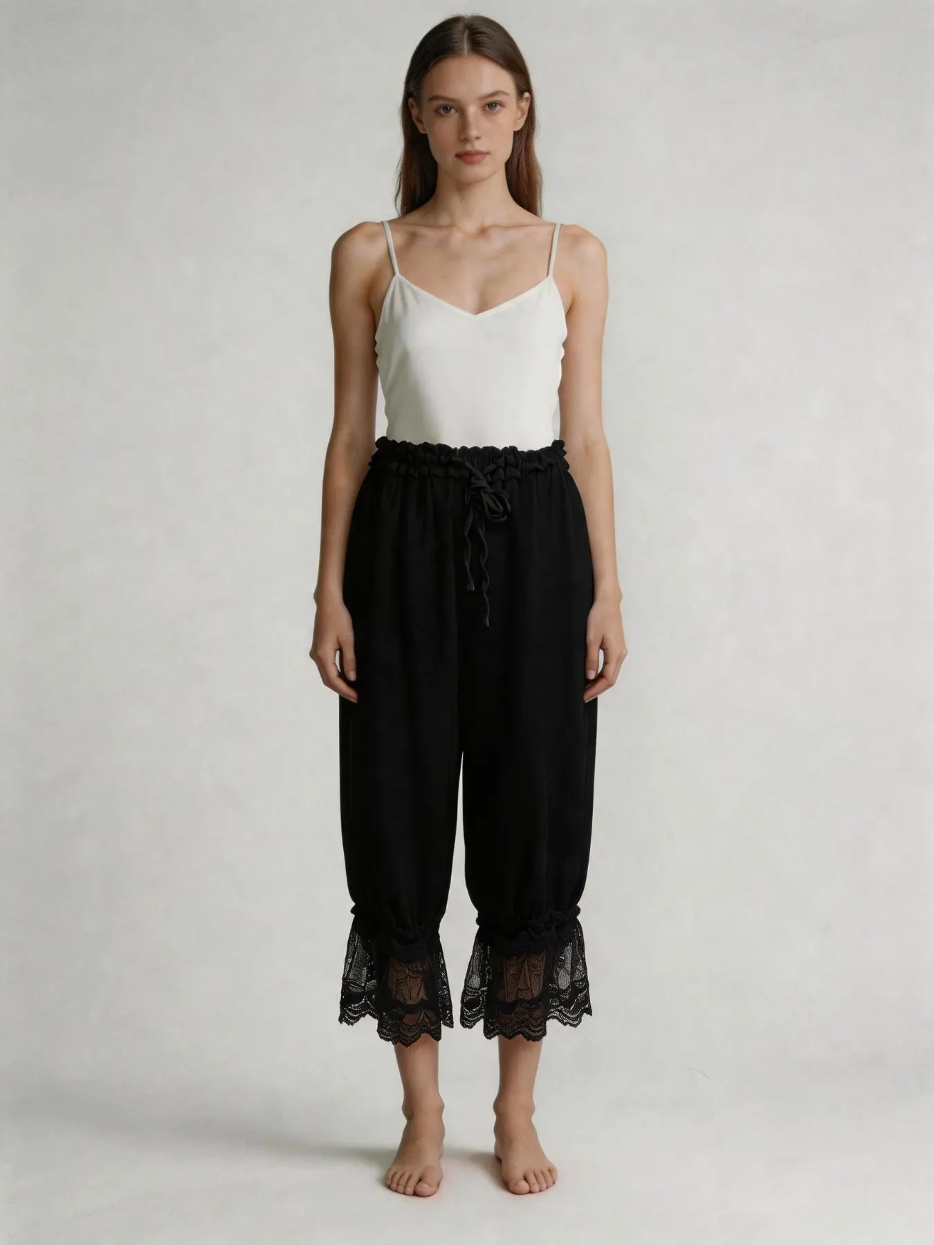 French Style Soft Home Pants, Breathable Fabric, Lace Trimmed Wide Leg Sleepwear, Comfortable Lounge Bottoms for Women