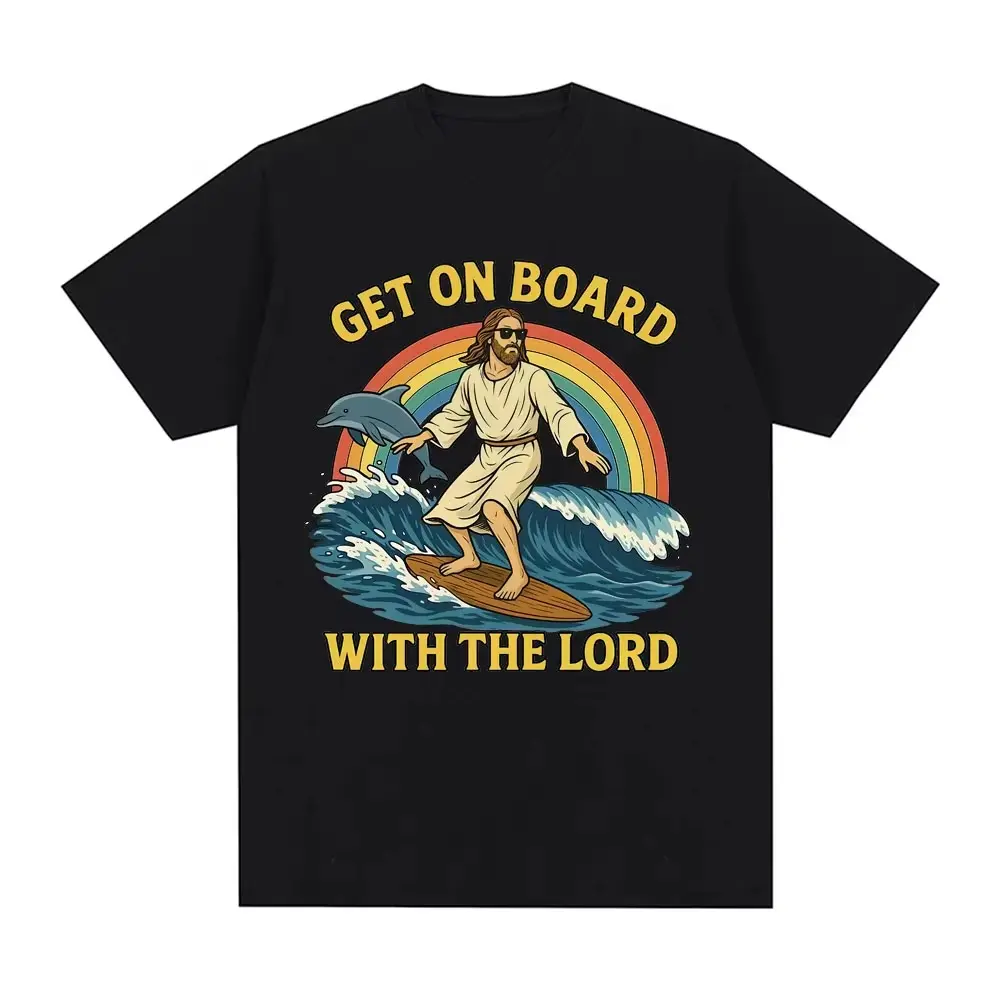 Funny Get On Board With The Lord Surfing Jesus Graphic T-Shirt Retro Christian Surfer Jesus Wearing Sunglasses Dolphin Rainbow Wave Print Tee For Men Available In Black White Casual Summer Beach Short Sleeve Crew Neck Top Religious Faith Gift 90s
