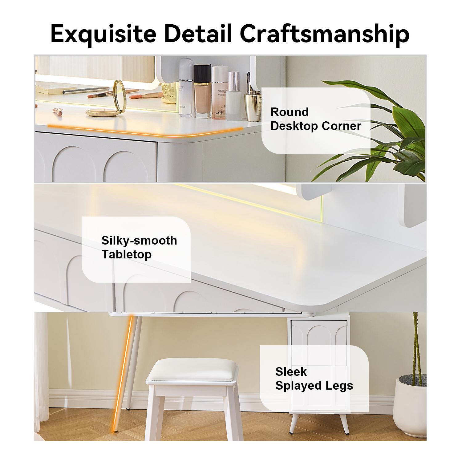 Modern Makeup Vanity Desk with LED Lights & Mirror, 4 Drawer Dressing Table Set with Stool,  Space-Saving for Bedroom, White/Black