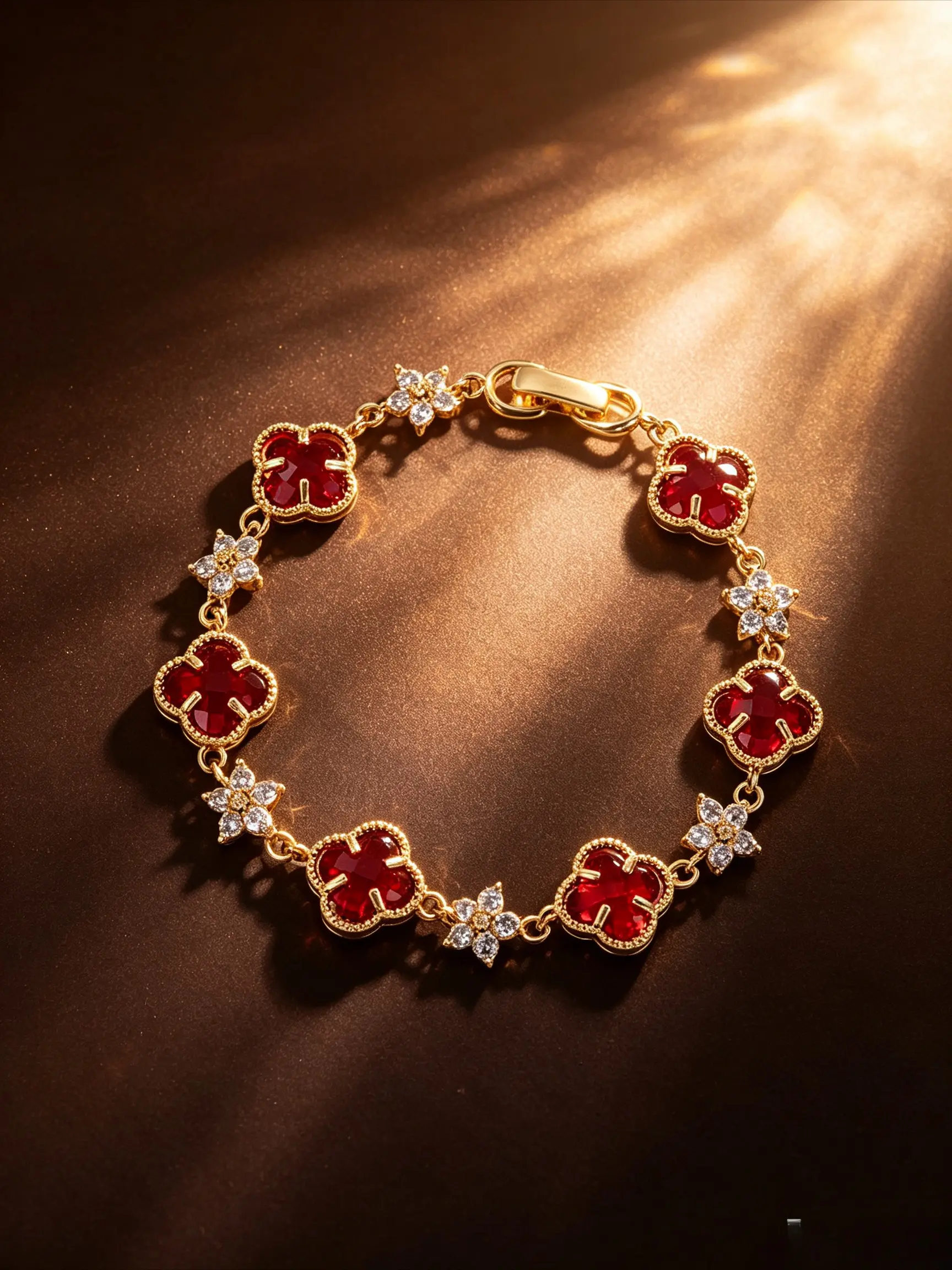 Multi Color Four Leaf Clover Link Bracelet For Women 18K Gold Tone Plated Imitation Ruby Emerald Sapphire Citrine Pink Crystal Cubic Zirconia Mini Flower Inlaid Chain Hypoallergenic Anti Tarnish Daily Wedding Party Jewelry Birthday Gift For Ladie Her
