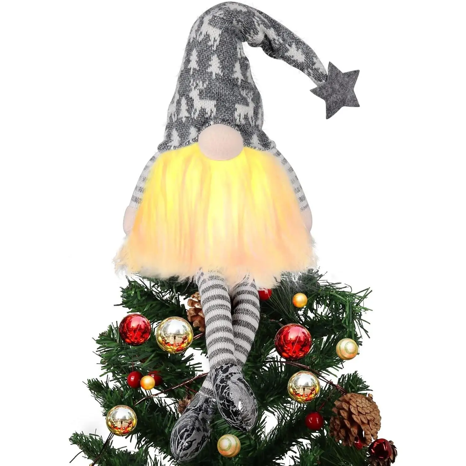 24 Inch Lighted Gnome Christmas Tree Topper Christmas Tree Decorations Christmas Home Decor Grey