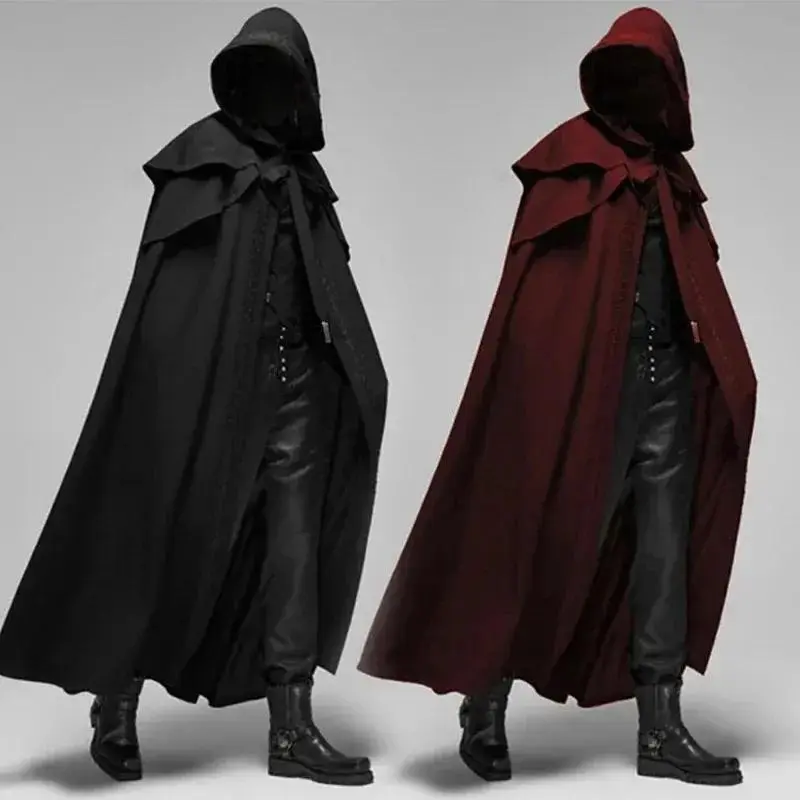 Men's Polyester Historical/Period Hooded Loose Fit Relaxed Black Windproof Long Cloak - New, Machine Washable Winter Clothes for Monk Cosplay, XXL Sports & Outdoor Menswear Trench Poncho
