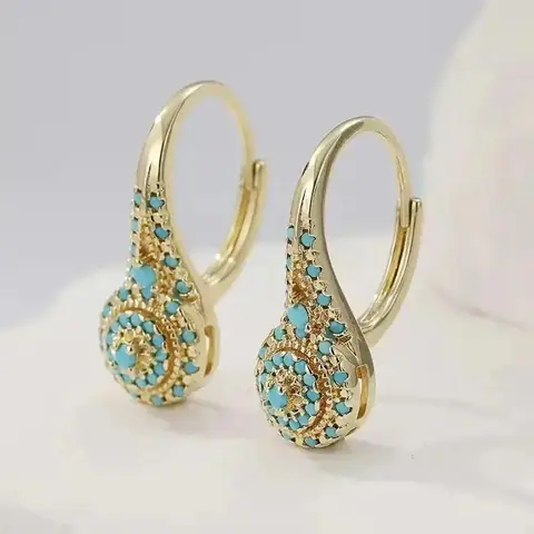Women's Gold-Plated Teardrop Turquoise Dangly Earrings - Lightweight Boho Vintage Statement Fashionable Accessories, Versatile Daily Jewelry for Dating, Evening Wear & Gifting