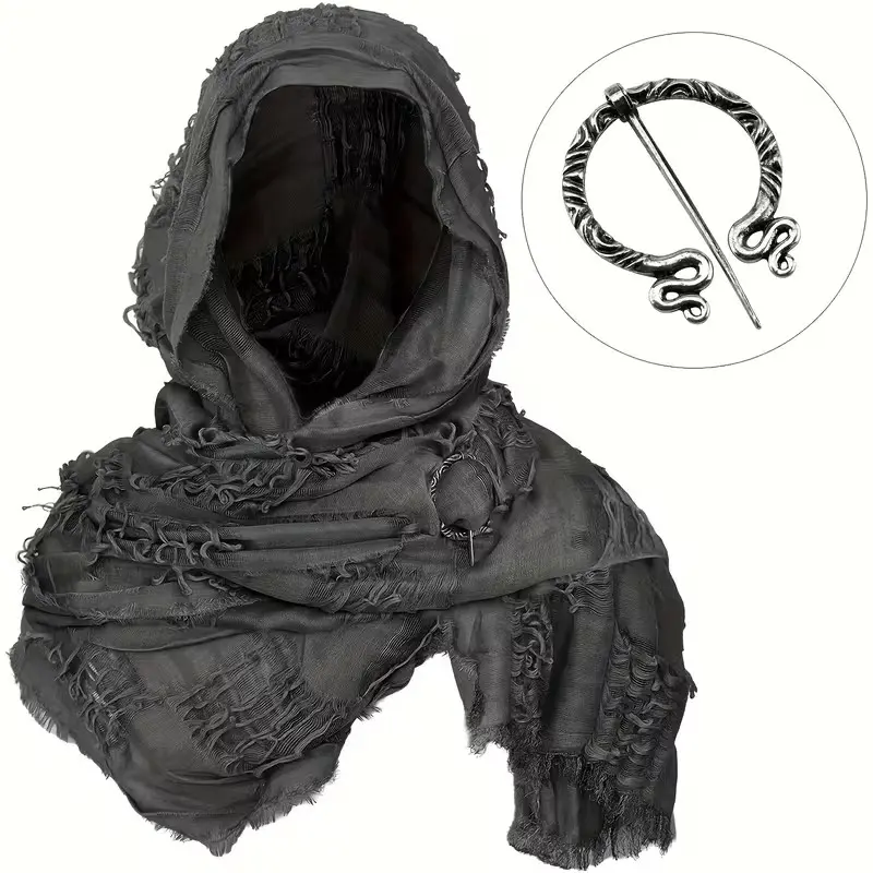 2pcs Distressed Faded Medieval Renaissance Viking Style Scarf Shawl and Brooch Set, Neck Scarves, Post-Apocalyptic Cloak, Halloween Costume Accessory