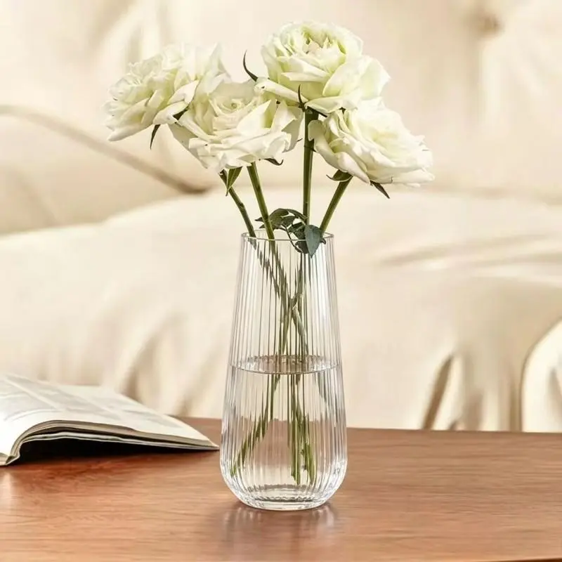 Water Drop Shape Vase, Transparent Vertical Stripe Glass Flower Vase, Decorative Vase for Living Room Desk, Suitable for Hydroponic Dried Flowers