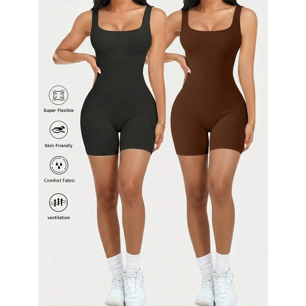 Women's Jumpsuits Seamless Ribbed Square Neck One Piece Yoga Workout Sleeveless Rompers Tank Top Shorts,Padded,Tummy,Control
