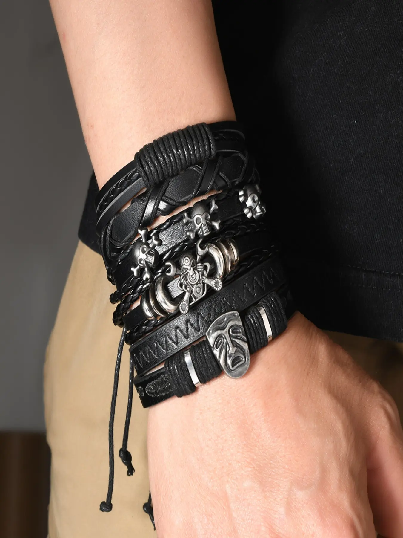 Men's 6-Piece Gothic Layered Leather Bracelet Set, Vintage Braided Leather, Skull Crossbone, Mask, Octopus Charms, Adjustable Punk Rock Jewelry, Stackable Bracelet