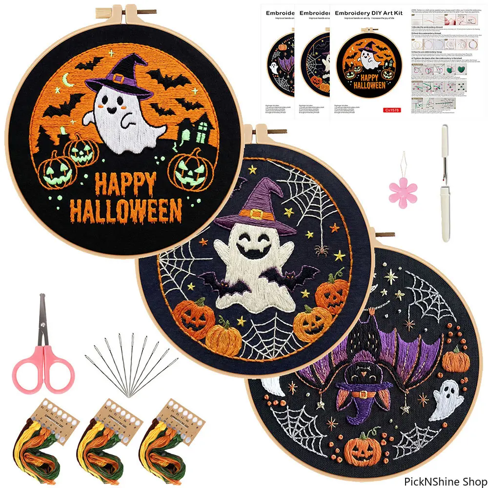 Ghost Pattern Needlepoint Kit for Beginners, Spooky DIY Hand Stitch Set with Synthetic Materials for Seasonal Crafting, Diy Crafts, Embroidery Hoop, Bat, Handmade Kits, Unisex, Beginner-Friendly