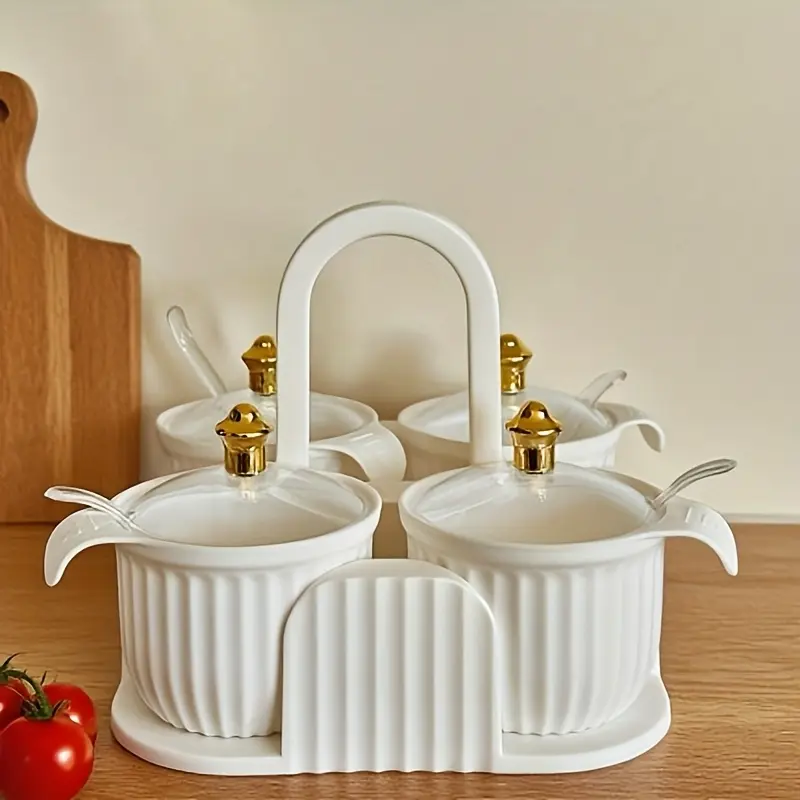 Four-grid seasoning box, household kitchen seasoning can combination set, integrated multi-grid storage seasoning bottle
