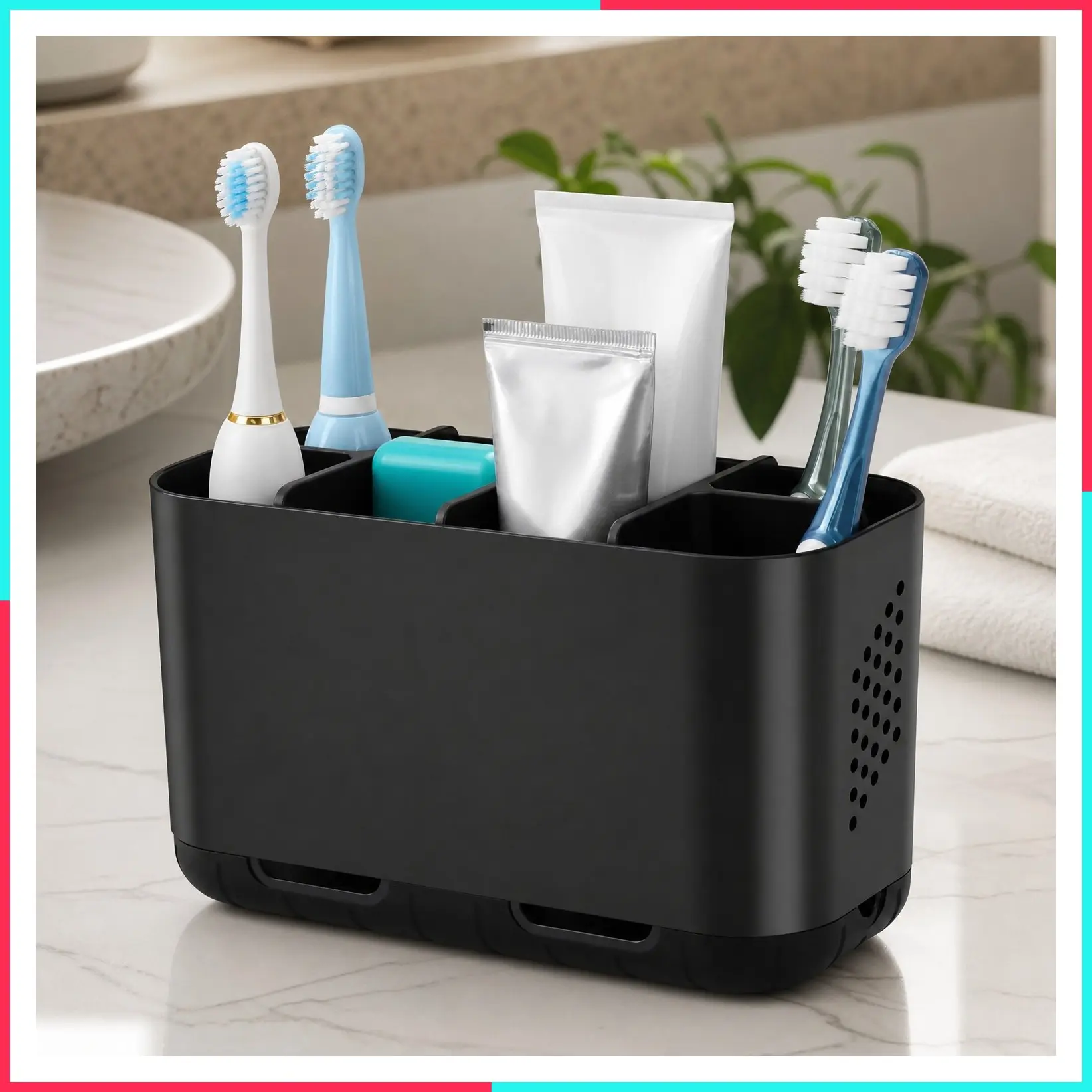 Large Toothbrush Holder for Bathroom Organizer and Storage with Drainage, Anti-Slip Electric Toothbrush and Toothpaste Holder Caddy for Shower, Kids and Family, Black