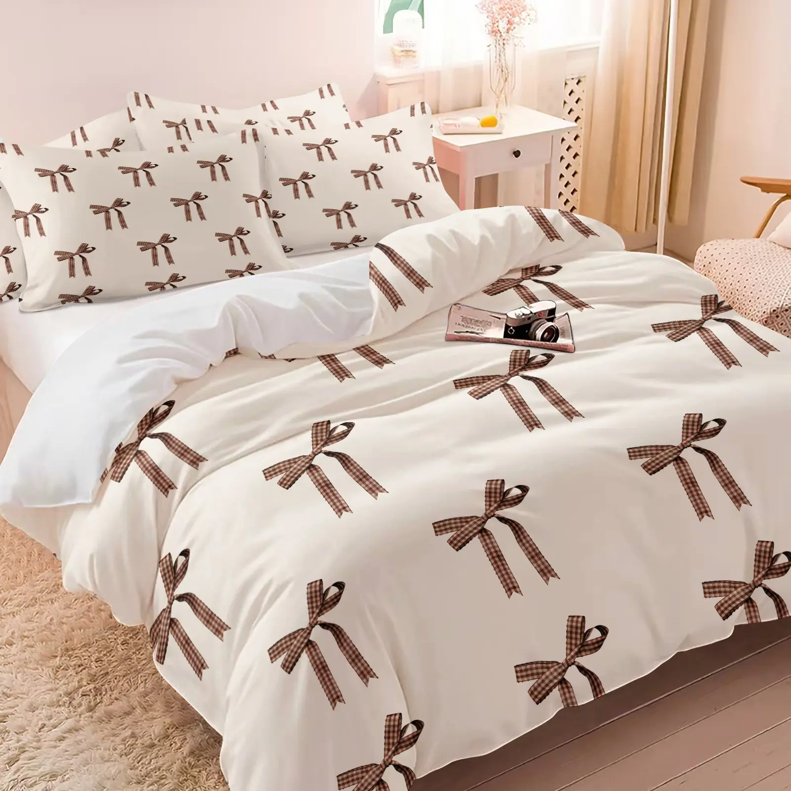3PCS Cream Background Brown Plaid Bow Duvet Cover Set (1 Duvet Cover + 1-2 Pillowcases), Vintage Cottage Gingham Ribbon Bow HD Digital Print, Soft Cozy Skin-Friendly All Seasons Bedding, Perfect for Farmhouse Coquette Bedroom Decor