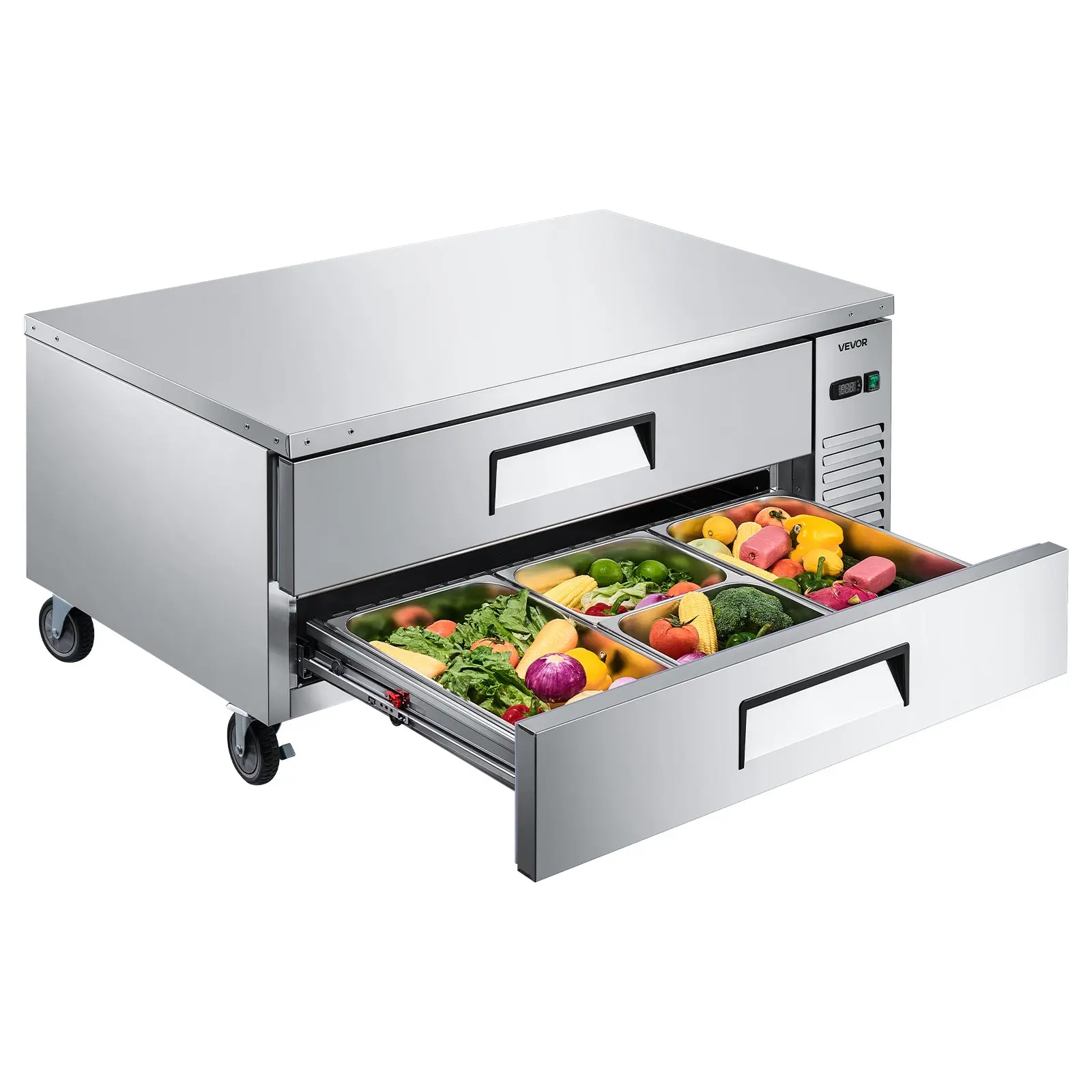 Chef Base Refrigerator, 52" W Commercial Chef Bases Worktop Refrigerators, 2-Drawer Under Counter Fridge with 8 Pans Stainless Steel, Heavy-Duty Refrigerated Base, Invisible Door Handle