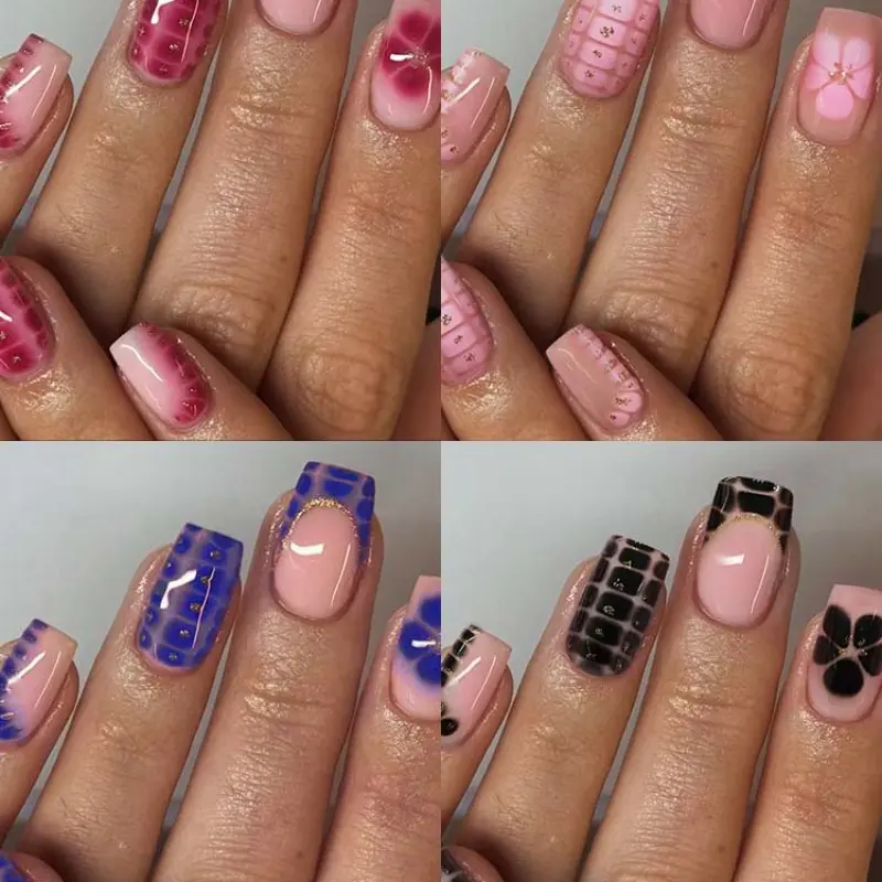 96pcs Short Square Fake Nails Set, Crocodile Pattern, French Floral Glitter, Easy to Wear, Summer Manicure Essentials, Includes Gel Adhesive and File