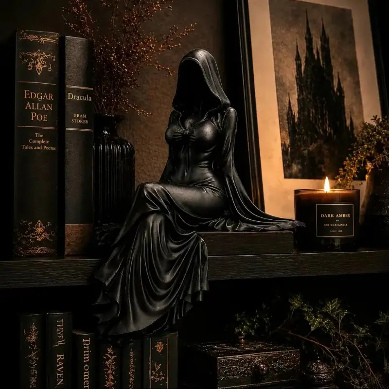 Gothic Lady Reaper Figurine, Dark Academia Bookshelf Decor, Mysterious Accent, Gothic Hooded Woman Statue, Witchy Spooky Accent for Alt Aesthetic, Statue Figurines, Decorative Home Ornament, Collectible Figure Decor, Decorative Ornaments
