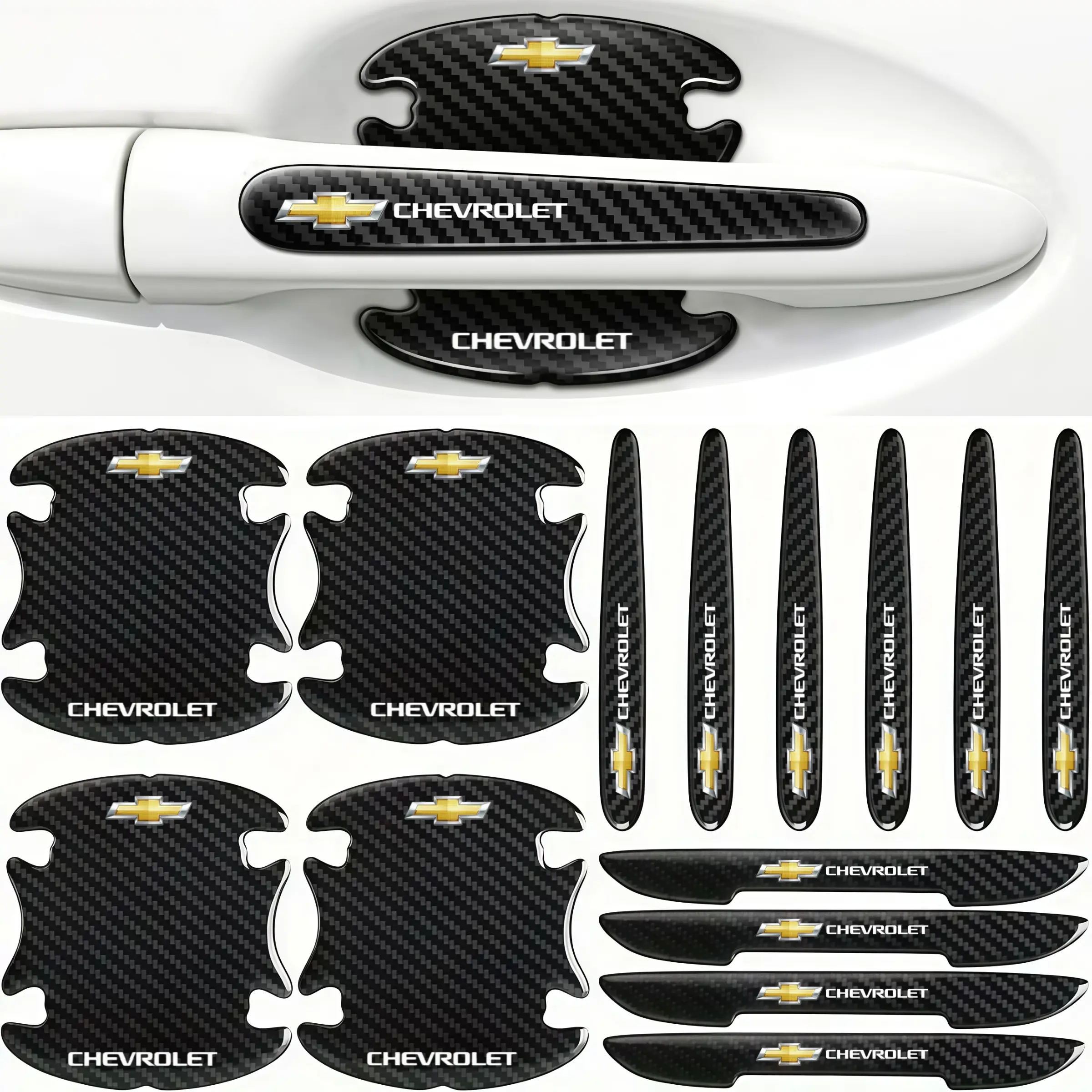 14pcs Carbon Fiber Car Door Handle Protection, Universal Anti-Scratch Sticker, Chevrolet Compatible, Automotive Decor Accessories