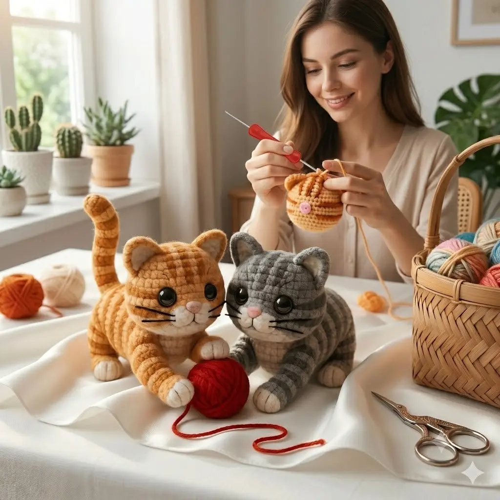 Cute Cat Crochet Kit DIY Set, Beginner Friendly Knitting Supplies, Includes Yarn Accessories, Step-By-Step Video Tutorial & Instructions