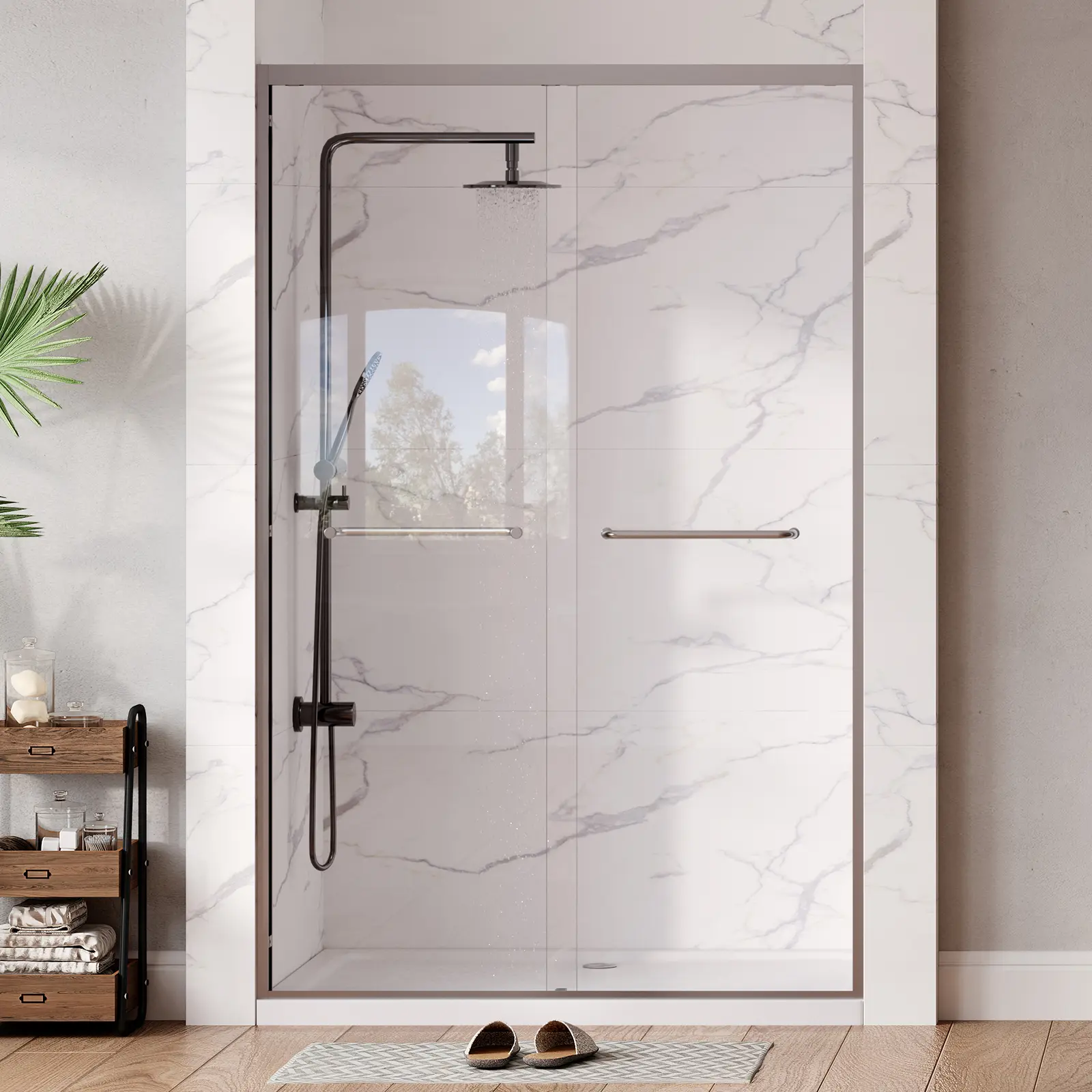 Semi-Frameless Double Sliding Shower Door – 43-48"/55-60''W x 72/76"H – 1/4" Clear Tempered Glass with Protective Coating – Sleek Matte Silver – Size: 122/153cm x 183/193cm