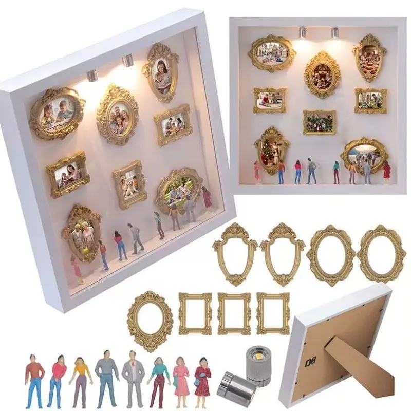 DIY Mini Museum Display Box Set | 8 Mini Frames + 8 Random Figurines + Spotlights + Wooden Keepsake Decor + Resin Accessories + Adhesive | Lighted Home Decor for Wall & Table Display of Vintage Items & Framed Photos (Photos Not Included)