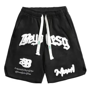 2026 Summer Men's Letter Embroidered Patched Shorts, Drawstring Waist Regular Fit Casual Pocket Bottoms, Vintage Streetwear Fashion for Daily Outdoor Street Wear