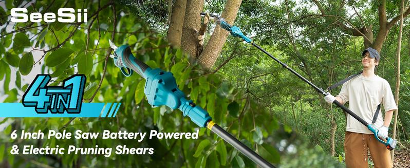 Seesii 4-in-1 Pole Saw & Pruning Shears Combo Kit, 6 Inch Mini Chainsaw for Tree Trimming, Battery Powered Chain Saw with Extension Pole, Tree Trimmer Limb Branch Cutter Pruner CP600 #TikTokShopBlackFriday