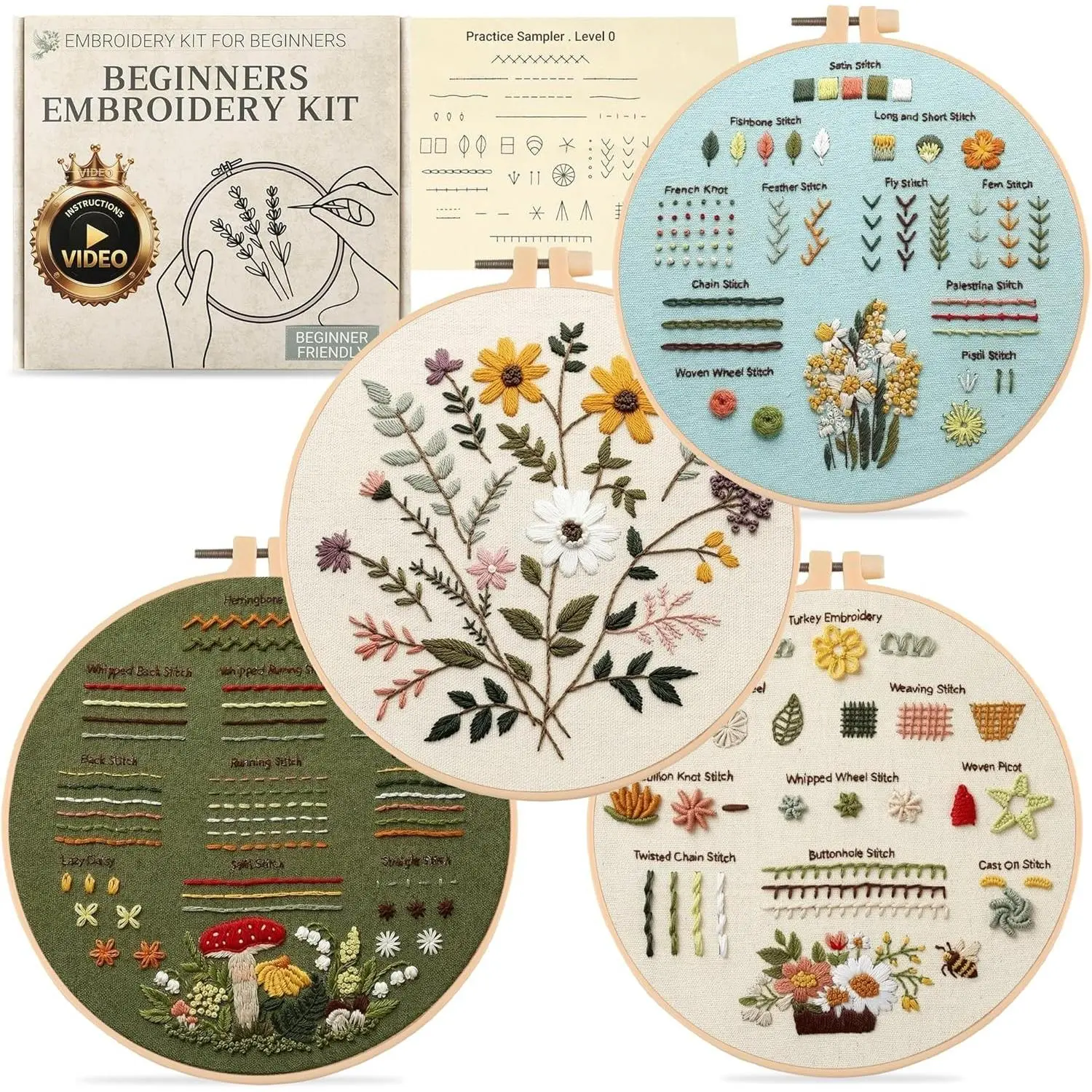 Embroidery Kit for Beginners & Adults with Level 0 Practice Sampler, 5 Pre-Printed Patterns, Video Tutorials, 7.8" Hoop, Learn 30+ Stitches, DIY Needlework Craft Gift for WomenGift