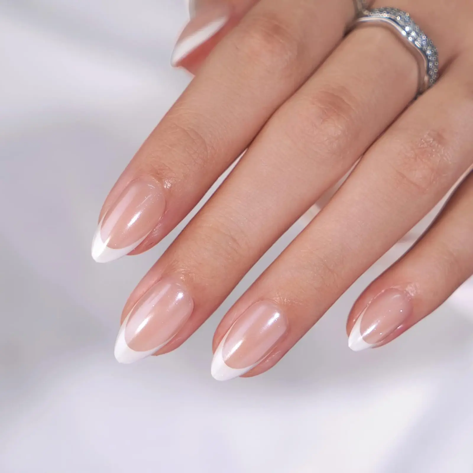 Press On Nails, Classic, Short Almond, White French Tip, Lamp-Curable 4-Week Wear, Salon-Quality Natural Nails, 10-Minute Easy Daily Application, 16 Sizes, All-in-One Complete Kit