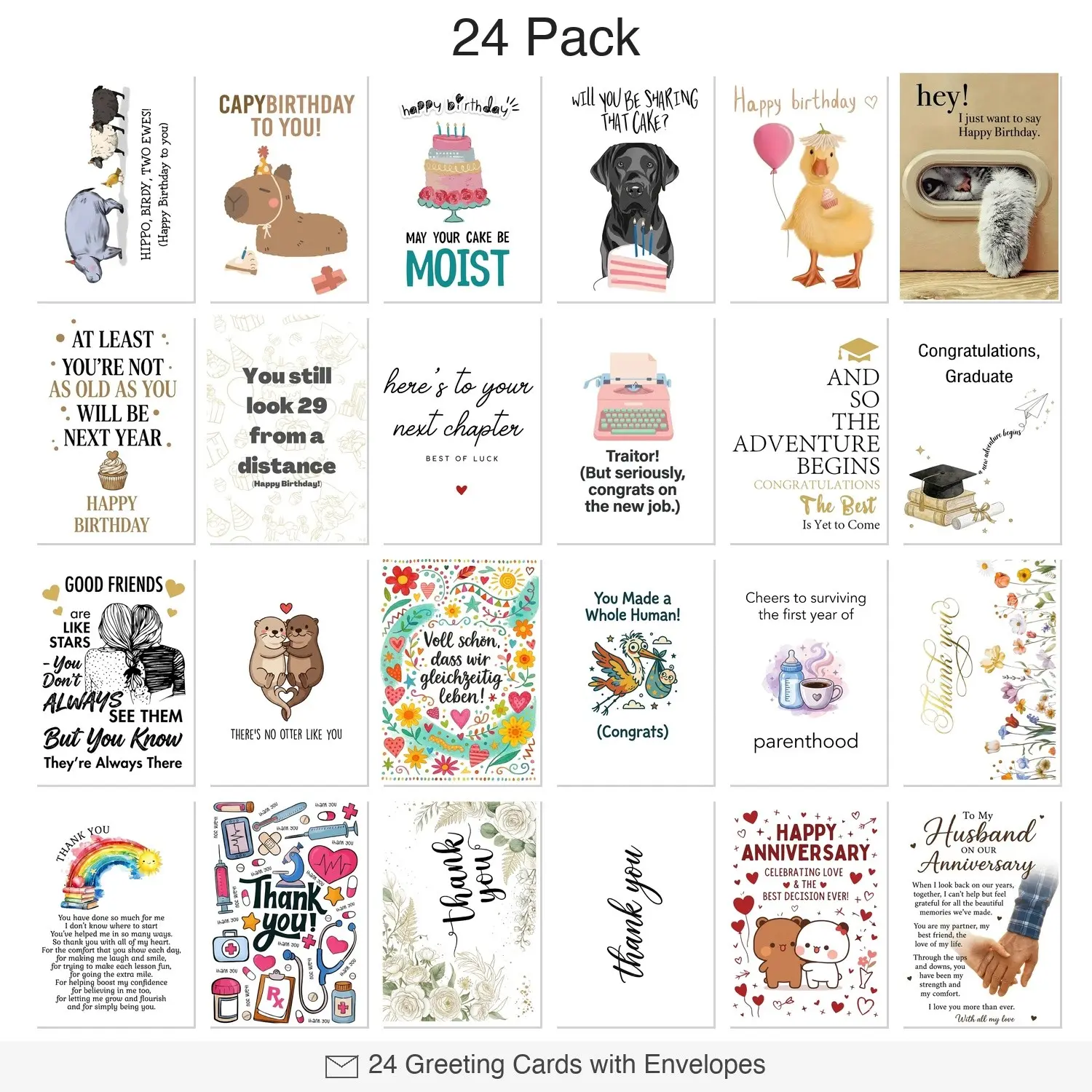 All Occasion Greeting Cards 24 Pack with Envelopes – Birthday Thank You Congrats New Baby Wedding Cards for Family Friends, Blank Inside, 5x7 Inch, Premium 300GSM