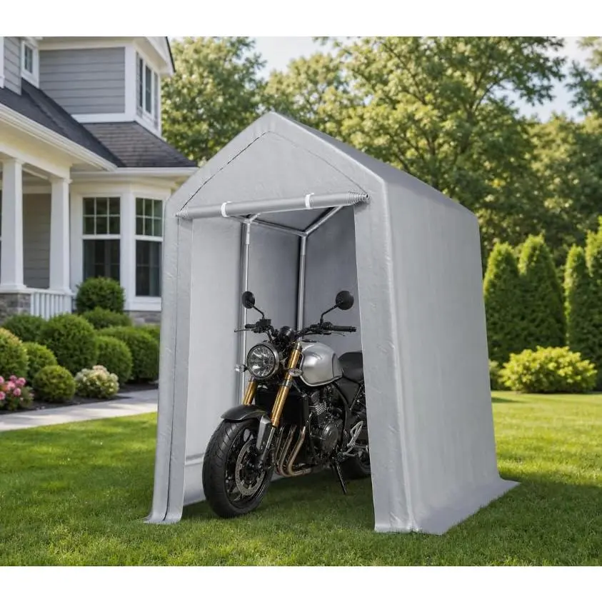 GARVEE 6x8 ft Portable Outdoor PE Fabric Storage Shed with Roll-Up Zippered Doors, Waterproof UV-Resistant Heavy-Duty Unit with Mesh Vents for Motorcycle, Bicycle, Lawn Mower Storage, Roll-Up Doors