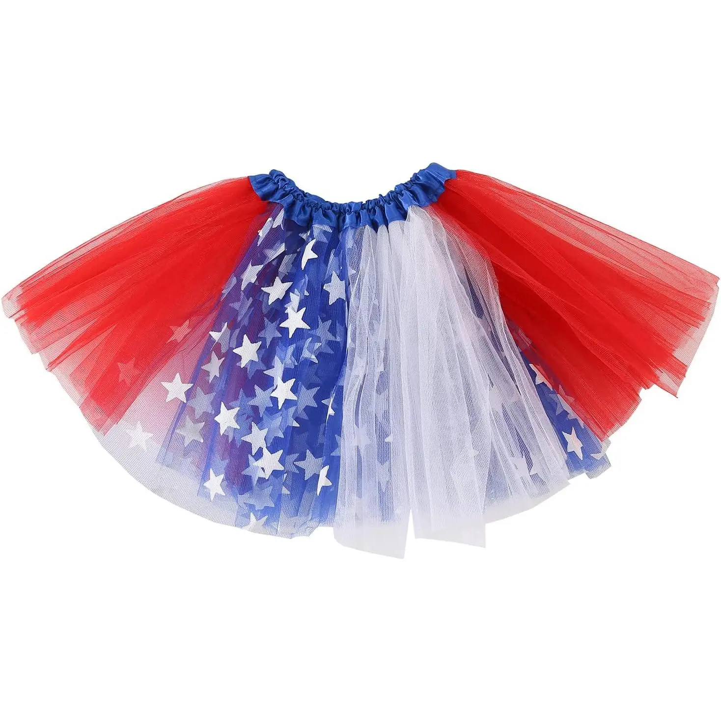 Unisex Fluffy Layered Sheer Tulle Tutu Skirt with Elastic Waist - 4th of July, Columbus Day Patriotic Costume for Women, Kids
