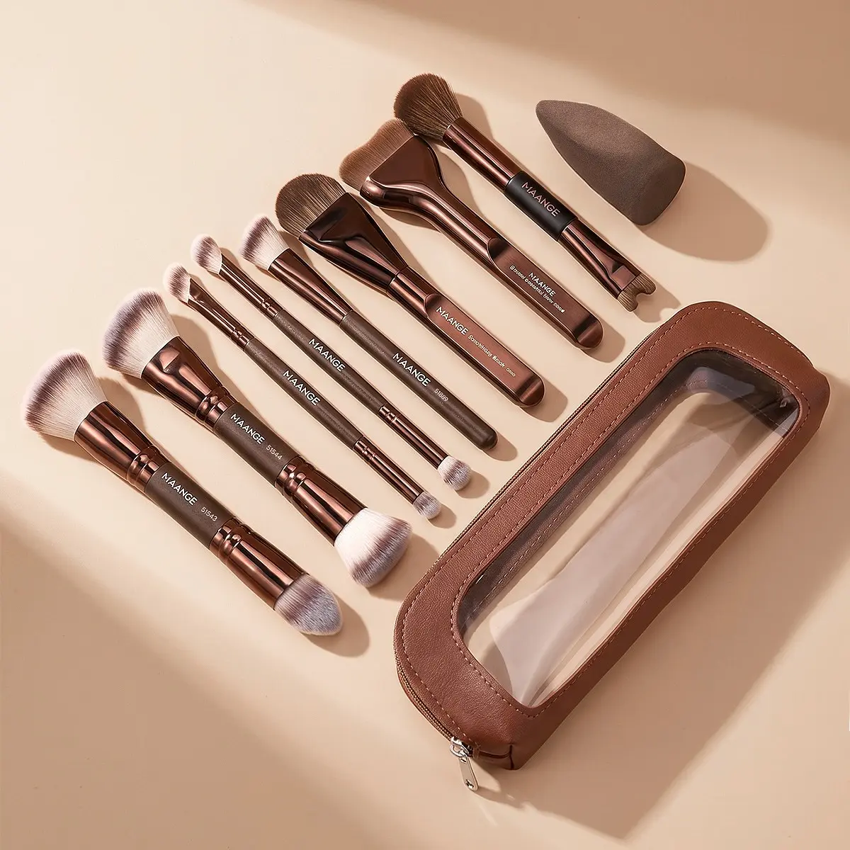 Maange 10-Piece Makeup Tool & Brush Set, Includes 8 Brushes, 1 Sponge & Brush Case, Foundation, Blush, Powder & Contour Brushes, Travel Makeup Kit