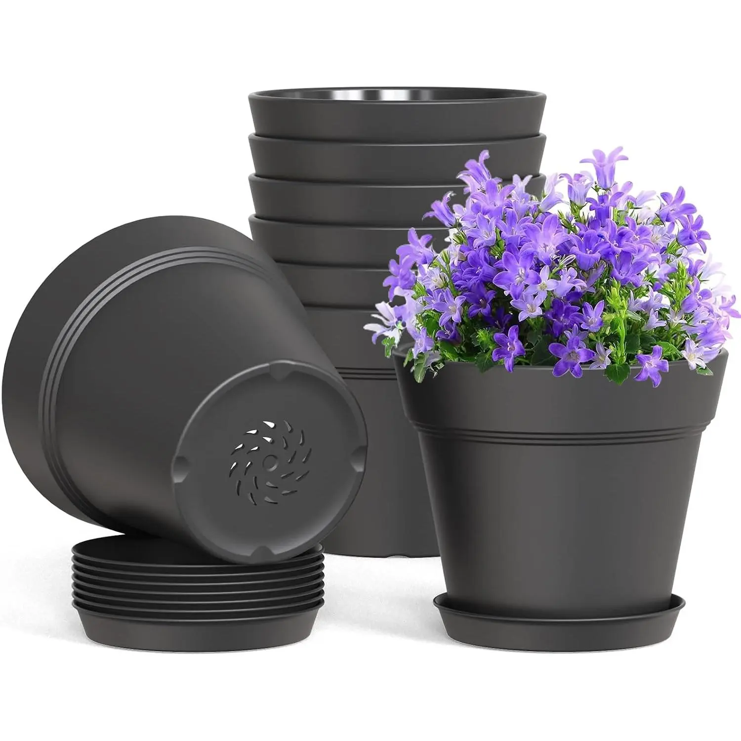4 Inch Plastic  Pots with Drainage Holes and Trays – 8 Pack Small  Pots for Indoor & Outdoor House  and , Seedling Starter Planters, Matte Black