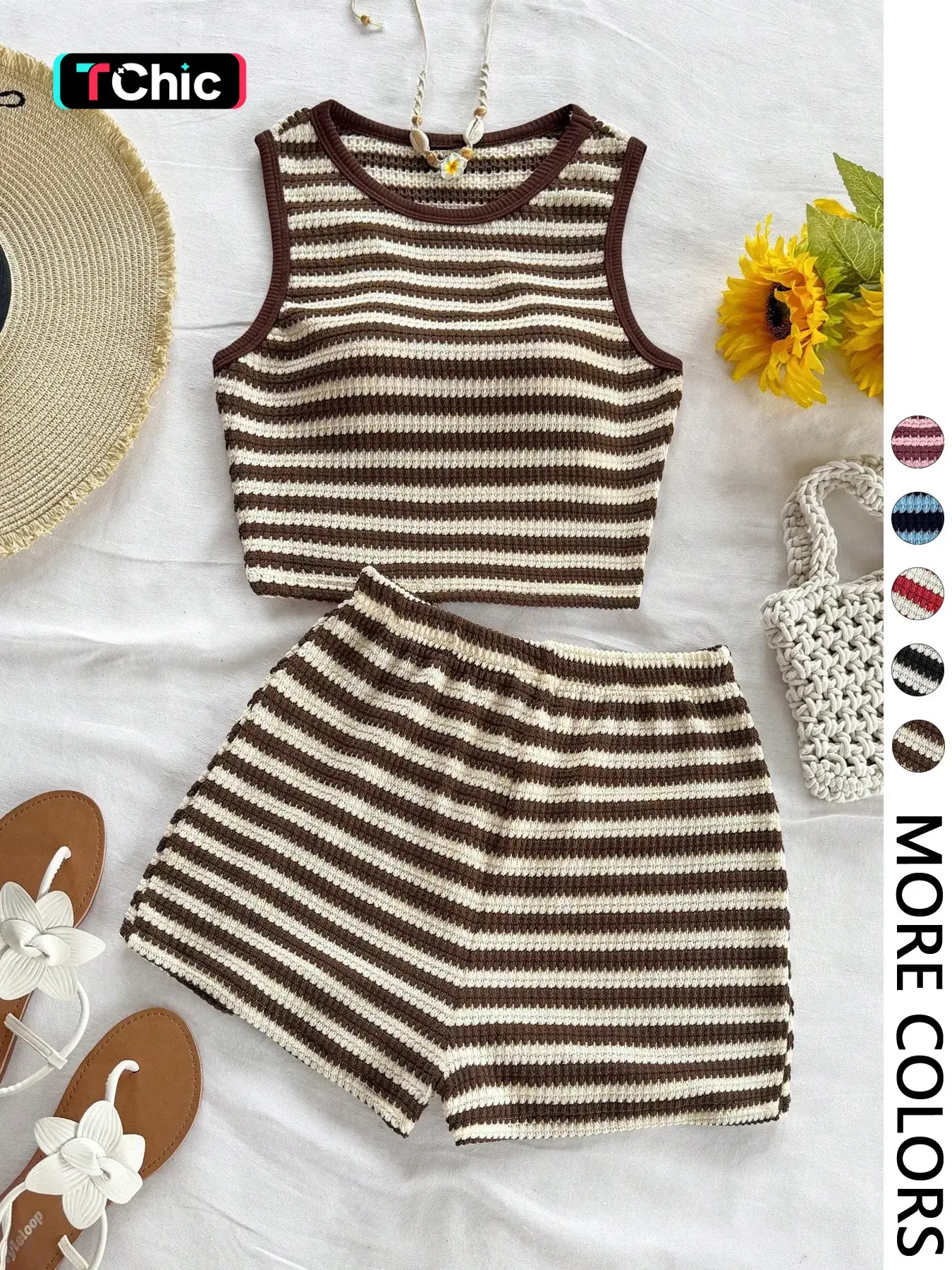 Women's Casual Knitted Striped Backless Short Sleeve Top with Elastic Waist Shorts, Perfect for Vacation Wear, Matching 2 Piece Casual Chic Set, Clothes