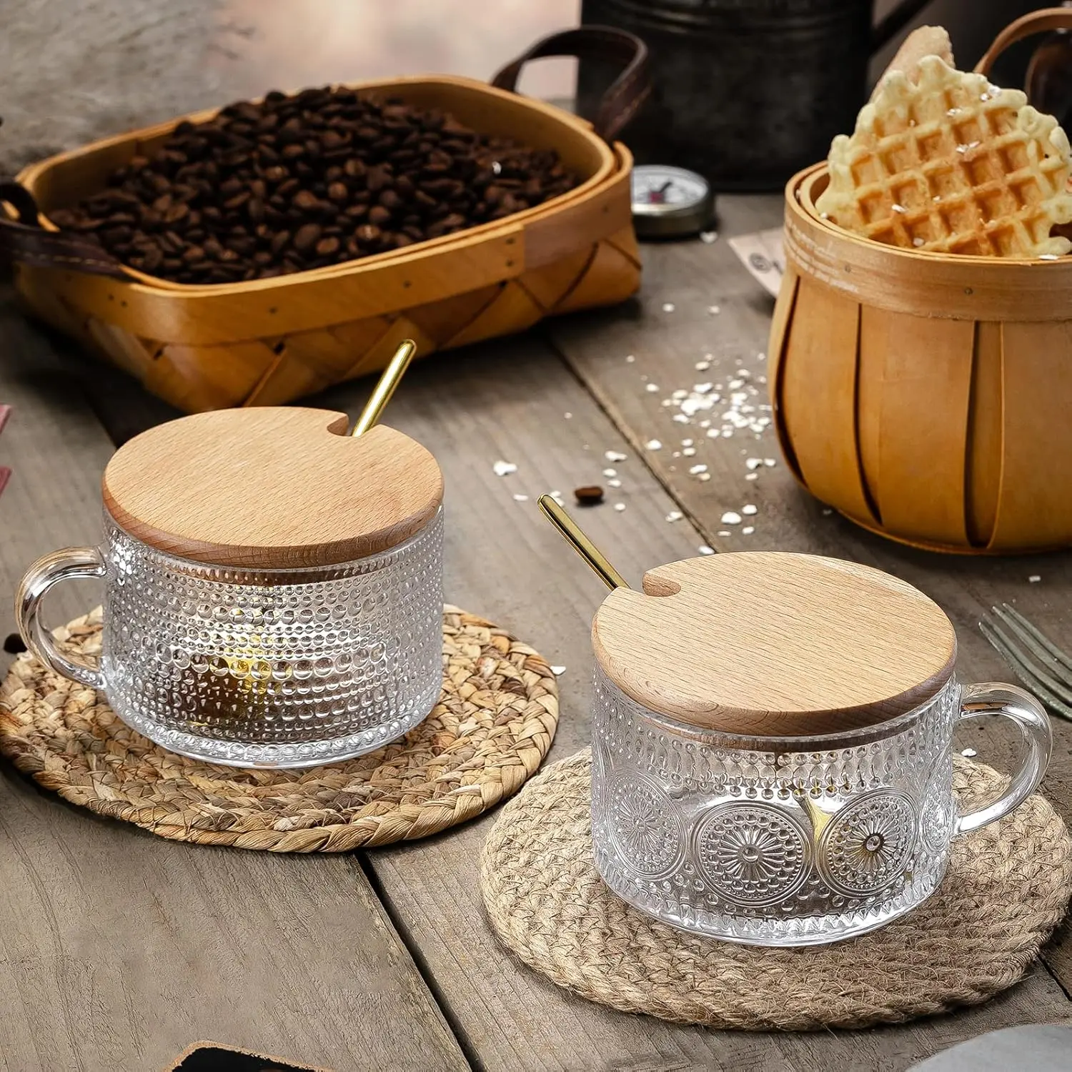 8-Piece Boho Glass Coffee Mug Collection - Sunflower Hobnail Texture, Cups with Lids and Spoons, Modern Glass Mug for Morning Drinks, Unique Drinkware to Elevate Morning Routine, Cup, Kitchen Tables