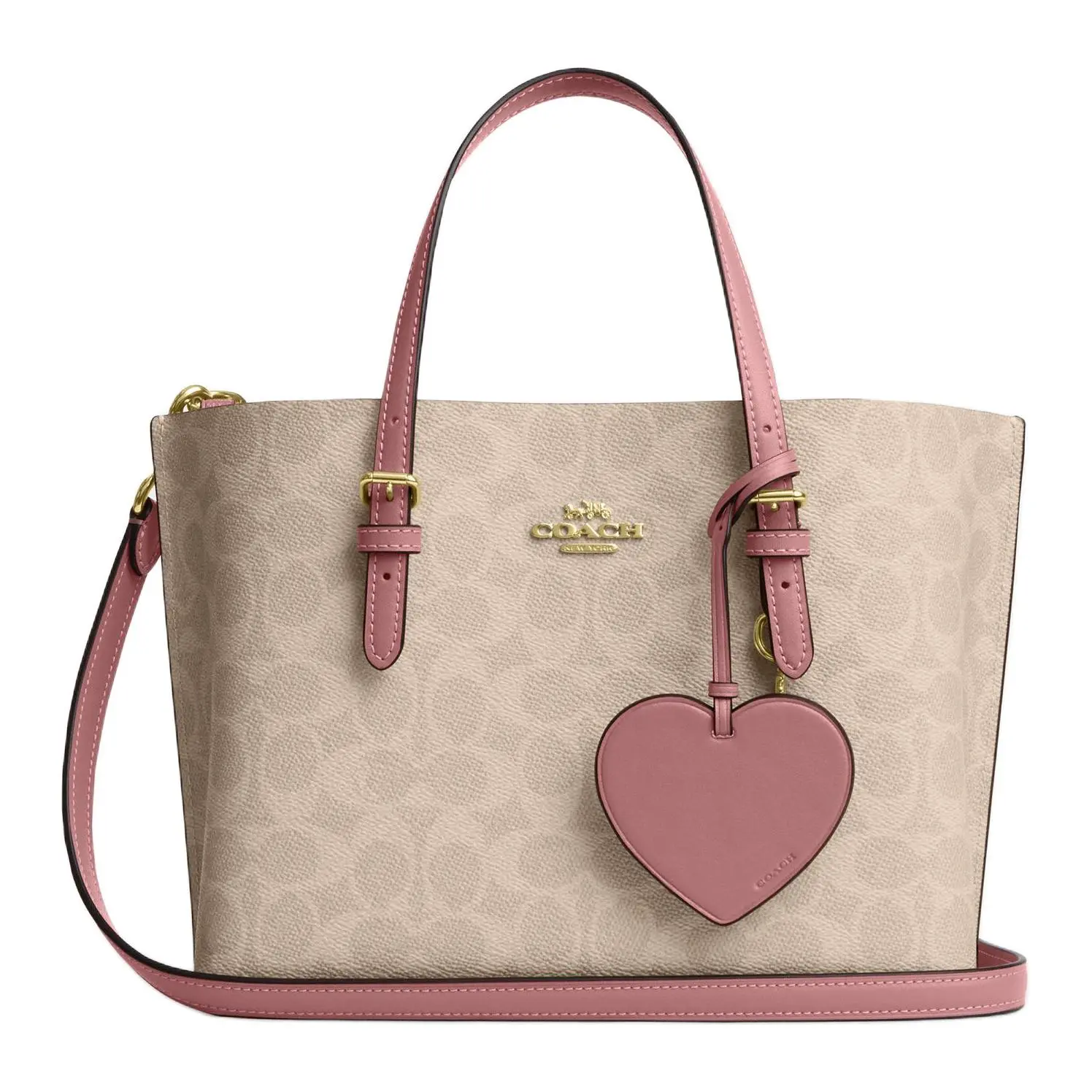 COACH Valentine's Limited Edition Mollie 25 Heart Pendant Faux Leather Tote Bag for Women, Medium Size, Sand Beige and Peony Pink