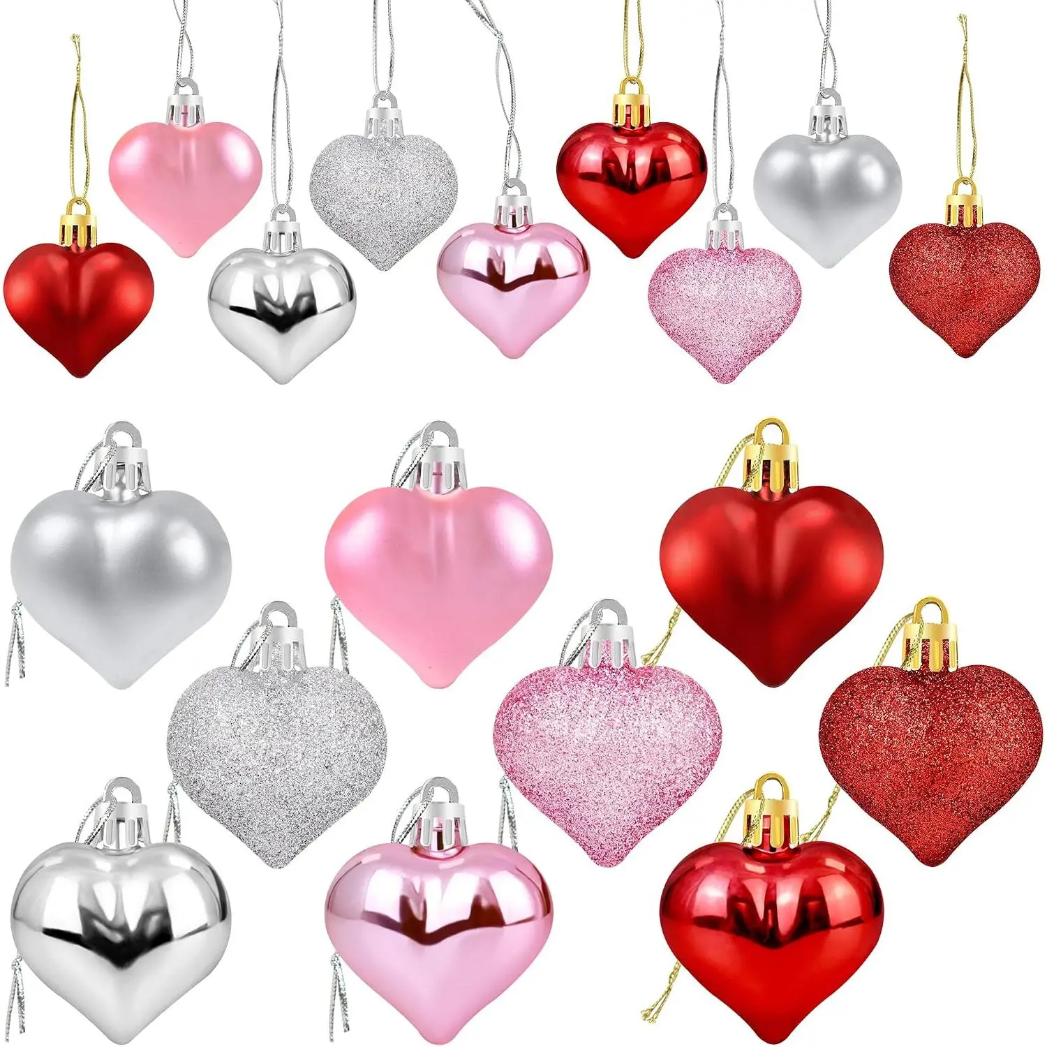 36 count Valentines Heart Shaped Ornaments - Valentines Heart Decorations | Red   Glitter Heart Shaped Baubles - Romantic Christmas Valentines Tree  Decorations
